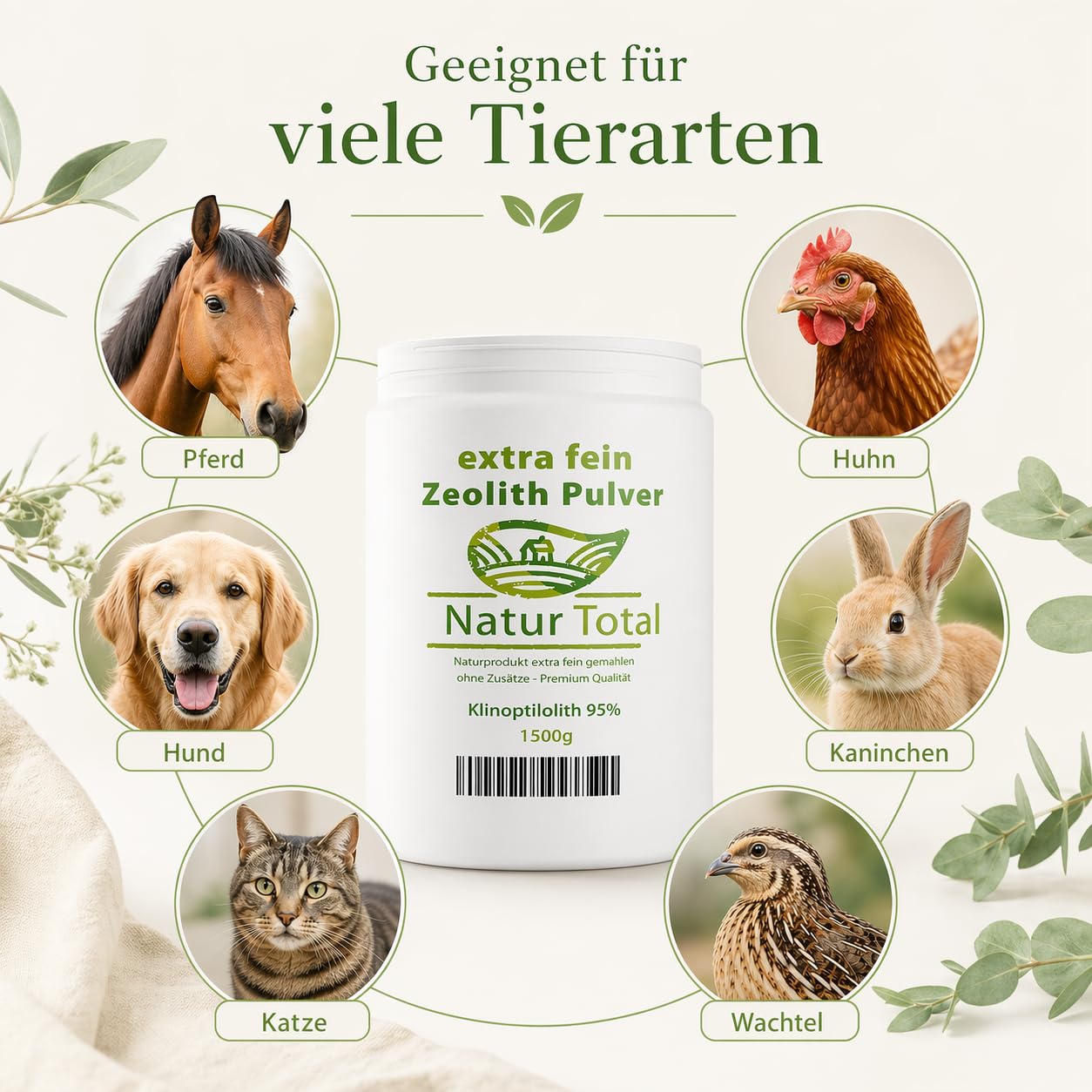 Natur Total Zeolith Pulver 1500g für Pferde, Hunde & Katzen – 93% Klinoptilolith, mikrofein mikronisiert – Futterzusatz schadstoffgeprüft – EU-Zulassung E567/E568