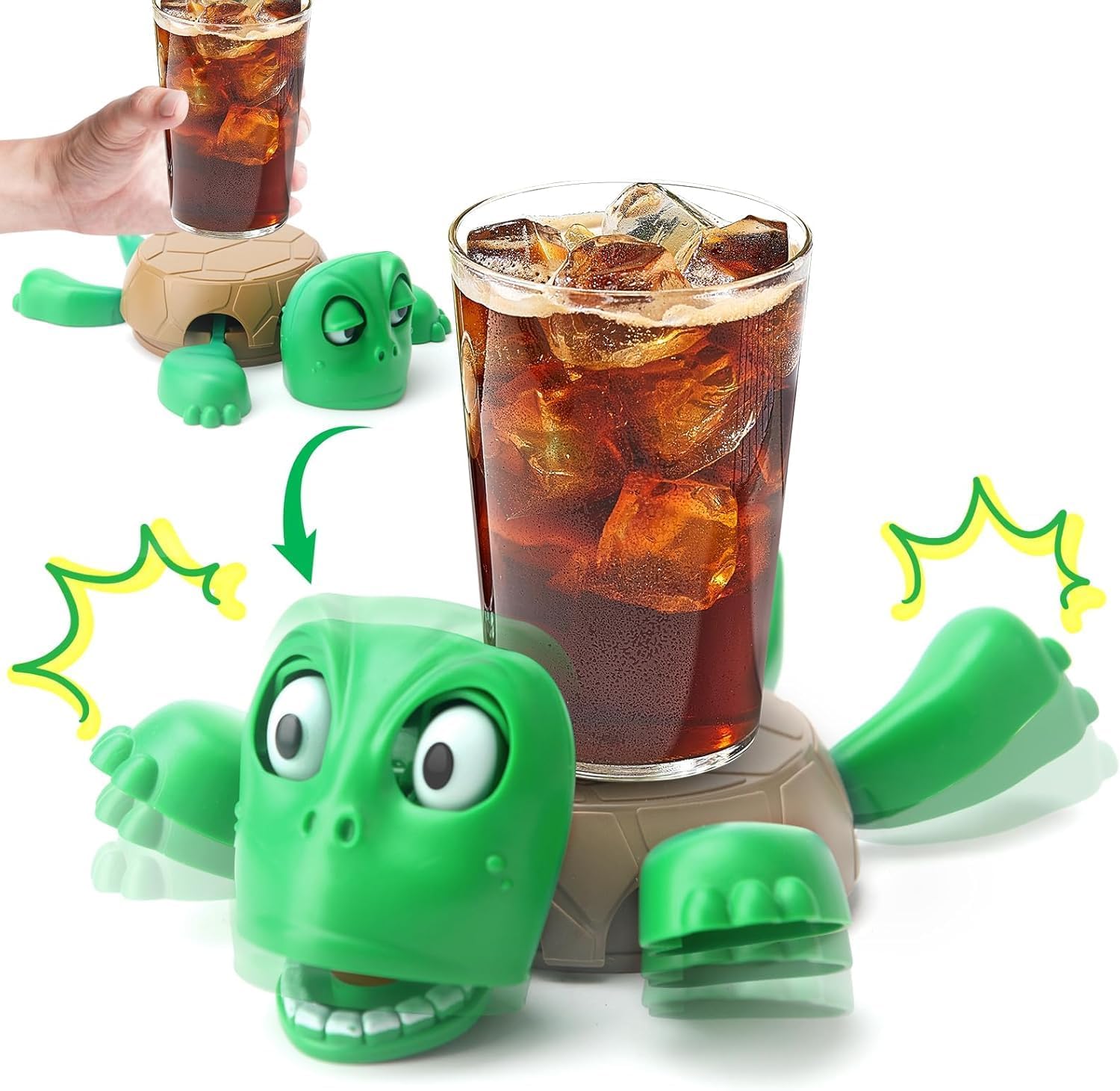 Turtle Coaster with Funny Expression | Turtle Cup Holder for Cups/Mugs/Wine/Coffee/Waterbottle for Desk Decor, Kitchen, Office Gift for Men/Women/Kids (1, Green) | No Sound |