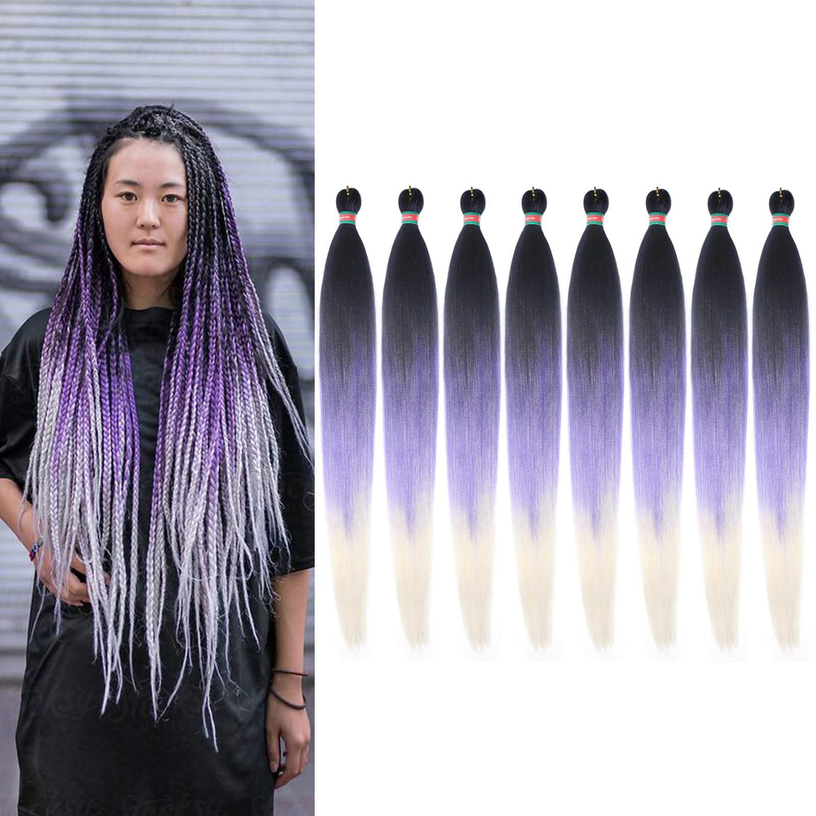 1b-Purple-Silver Pre stretched Braiding Hair 8 Packs Pre feathered Braid Hair Extensions 36 Inches Hair Braids
