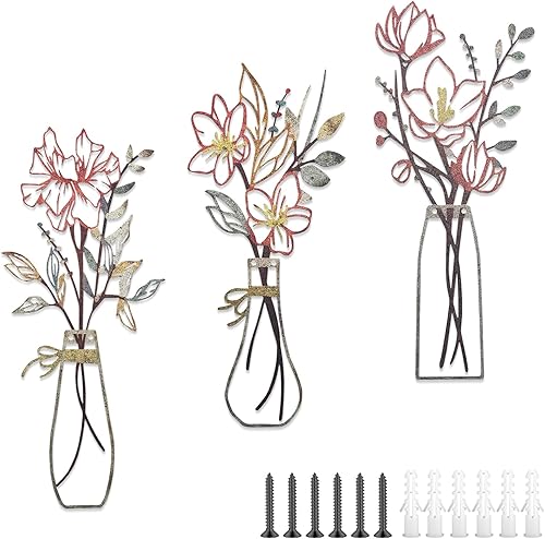 SHOUNAJIA 3 piezas de arte de pared de flores de metal, decoración rústica de granja, minimalista, decoración de pared de flores para sala de estar,