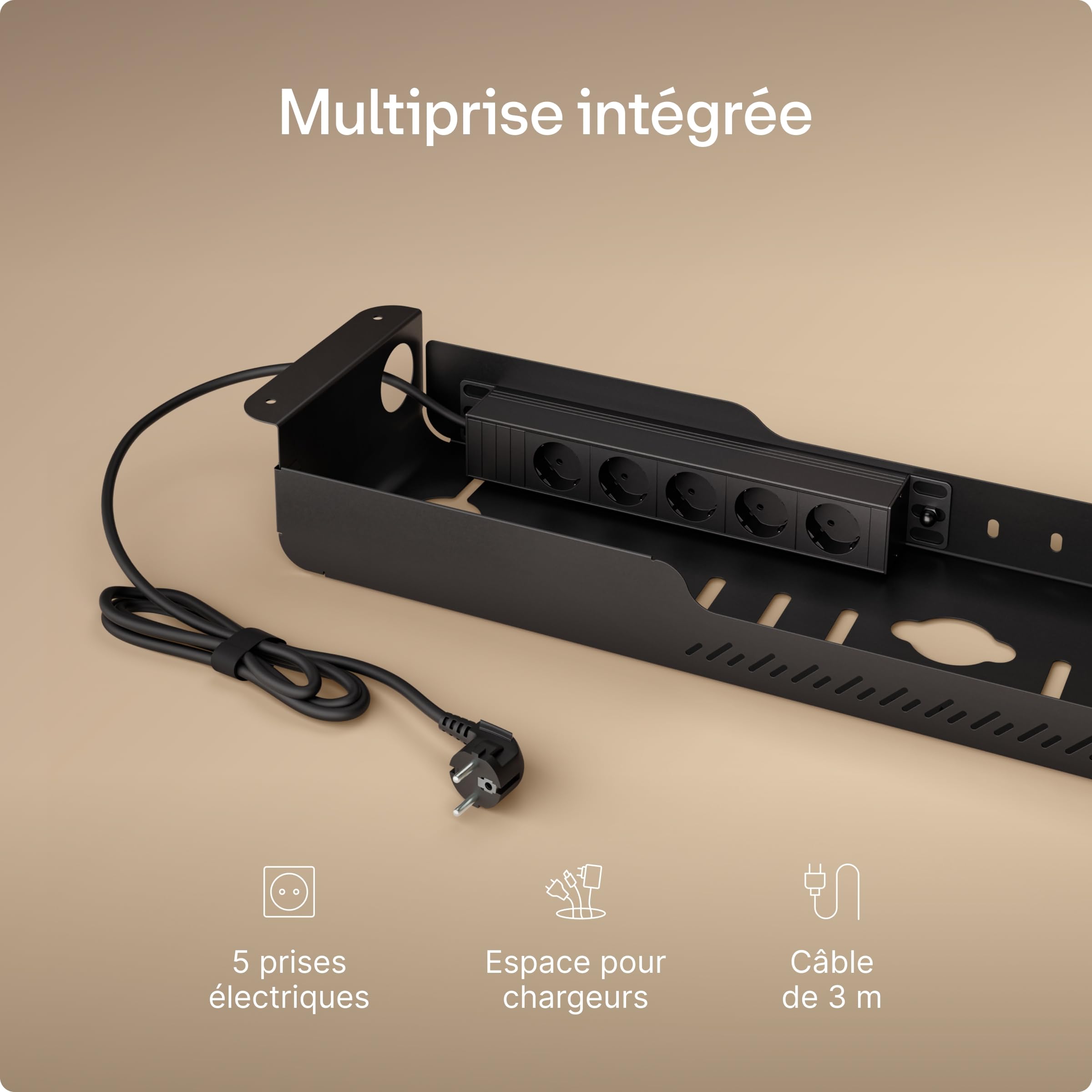 Cable Management Pro – Plateau de Gestion des câbles sous Bureau avec multiprise intégrée, Organiseur de câbles en Acier avec Couvercle magnétique, Design ventilé, Installation Facile