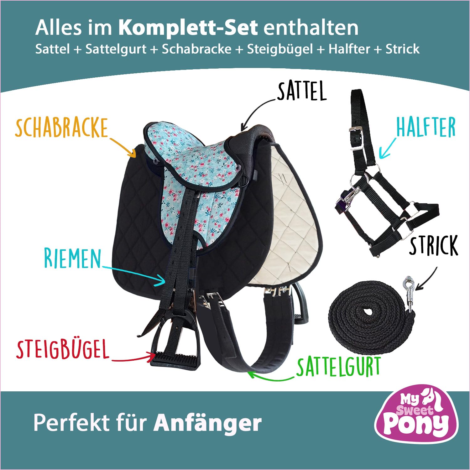 My Sweet Pony Kinder Shettysattel-Set Dream Flower Halfter Führstrick Sattel für Pony Shetty Holzpferd