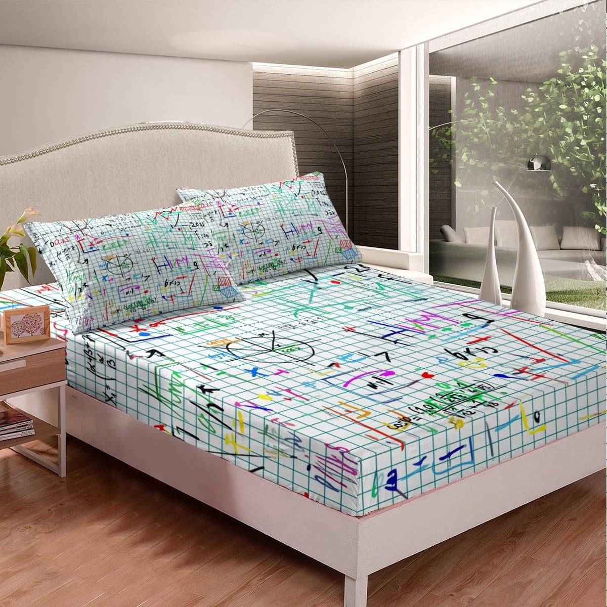 Math Equation Fitted Sheet Twin for Boys Girls Mathematics Formula Duvet Cover Math Axis Art Comforter Cover Science Theme Bedding Set Teens Kids School Educational Dorm Bedroom Decor
