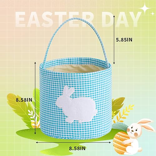 Miniatura 3 de EMBRUNIOICE Cesta de Pascua de conejo, bolsa clásica de Pascua a cuadros para caza de huevos de Pascua, decoraciones de fiesta (azul)