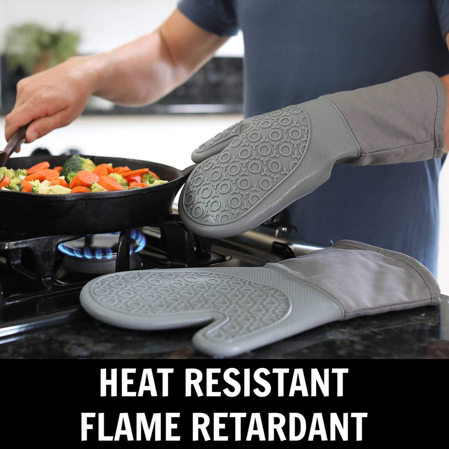 HOMWE Guantes de horno de silicona y soportes para ollas, juego de 4 piezas, guantes de cocina resistentes, salvamanteles seguros para encimera de cocina, resistencia avanzada al calor, agarre