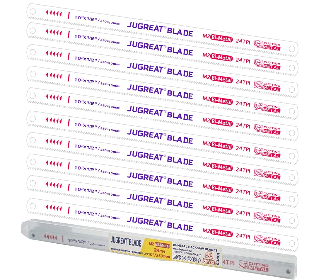 JUGREAT 10" Hacksaw Blades Replacement Bi-Metal Safe Flex, High Speed Steel - 24TPI (10 Pack)