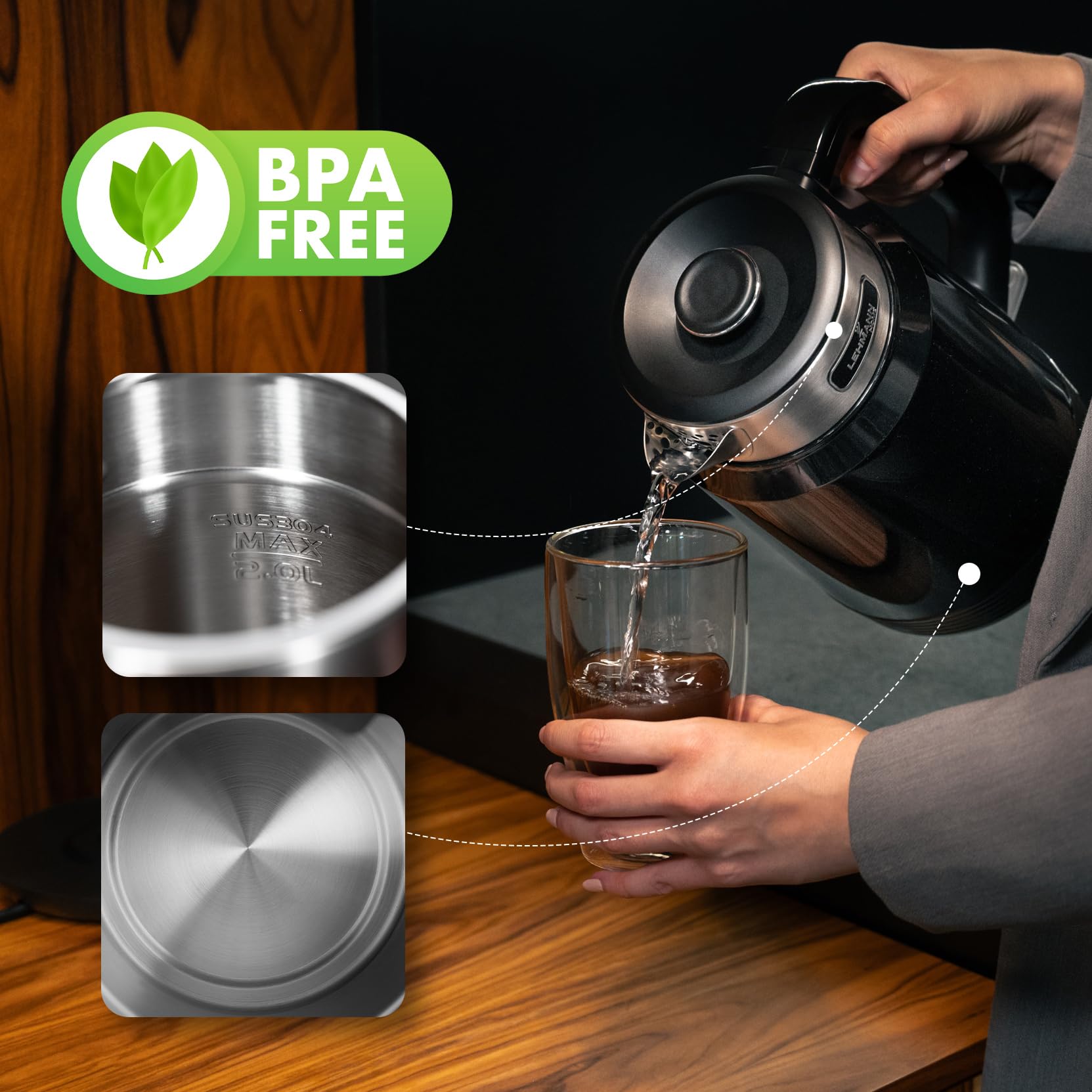LEHMANN Elektrischer Wasserkocher Edelstahl 2L, 2200W, Schnelles Aufheizen, Doppelwand Design, Abschaltautomatik und Überhitzungsschutz, BPA-frei, Ideal für Großfamilien oder Büros, Schwarz