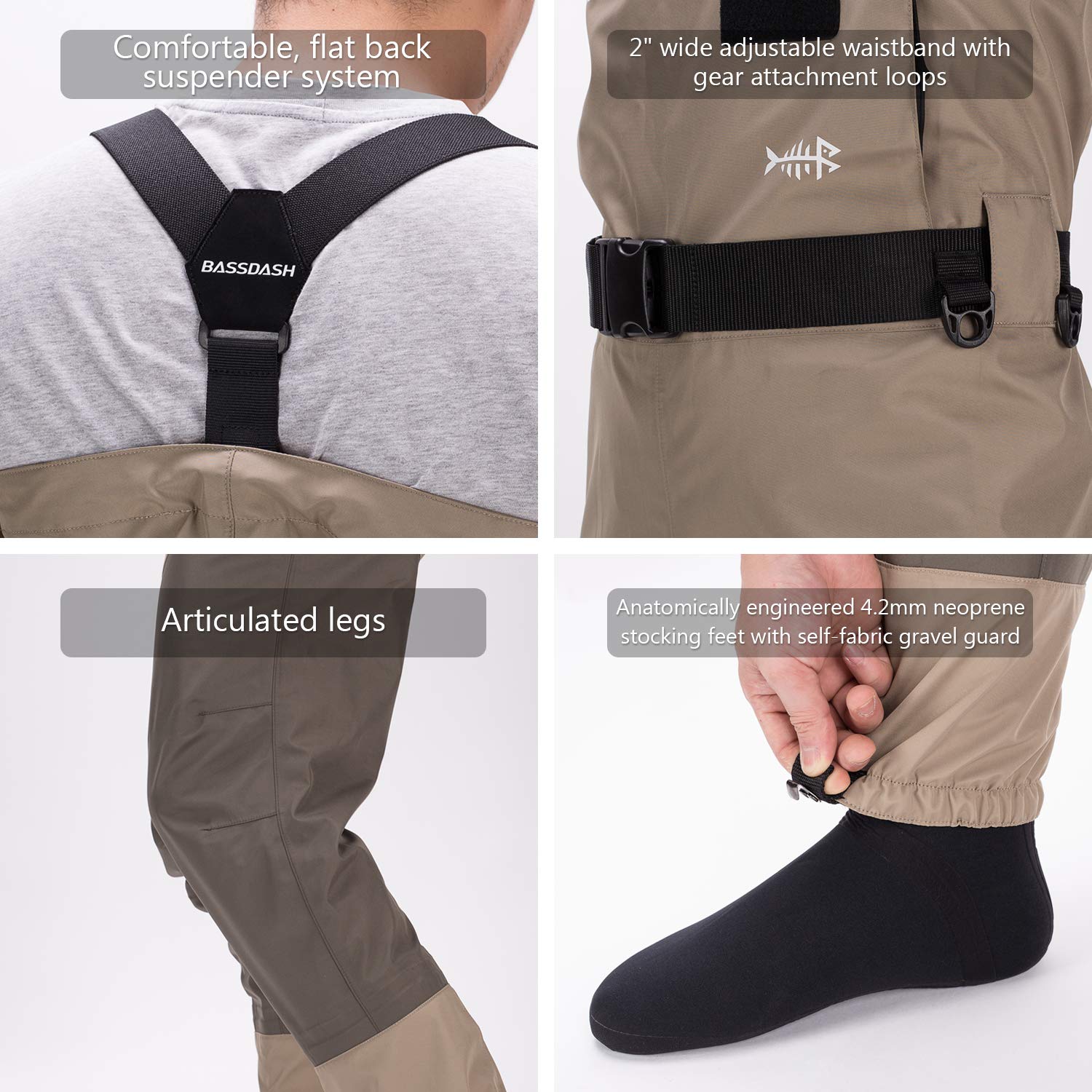 Bassdash Waders Respirants Convertibles Poitrine/Taille pour Pêche et Chasse à Pieds Chaussettes pour Hommes