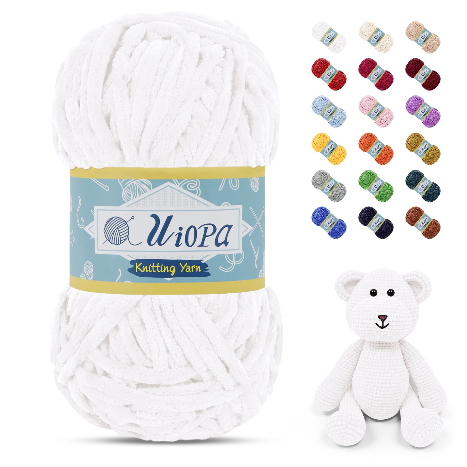 Uiopa 100g/80m Chunky Chenille Yarn, Plush Velvet Yarn Thick Chenille Wool, White Fluffy Crochet Chunky Wool for Amigurumi Blankets Clothes DIY Crafts