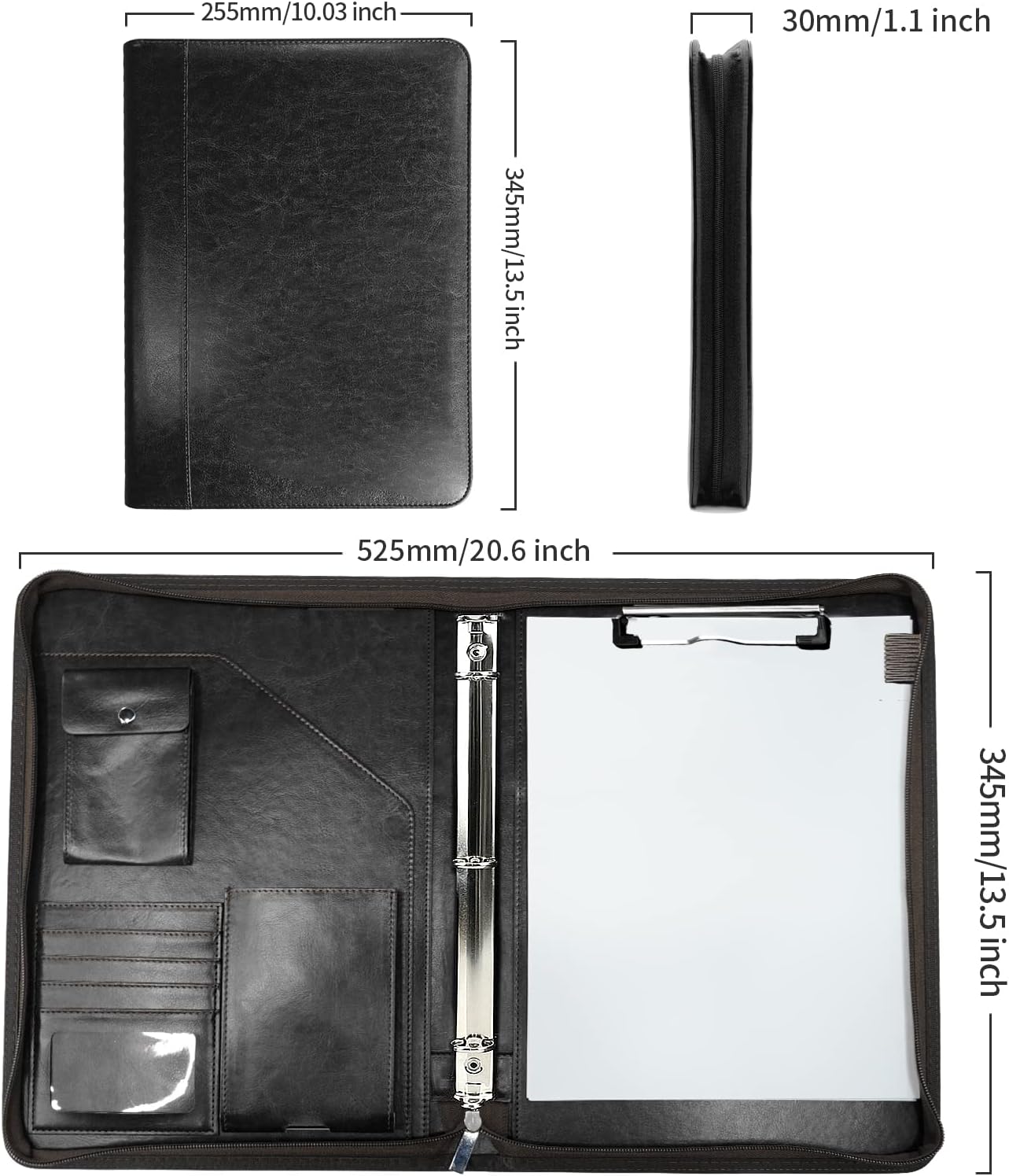 Zippered Portfolio Organizer, WRIYES Leather Padfolio with 3 Ring Binder, Professional Business Binder, Organizer for IPad/Document, Phone & Business Cards, Office Gifts for Men or Women (Black) - Image 5