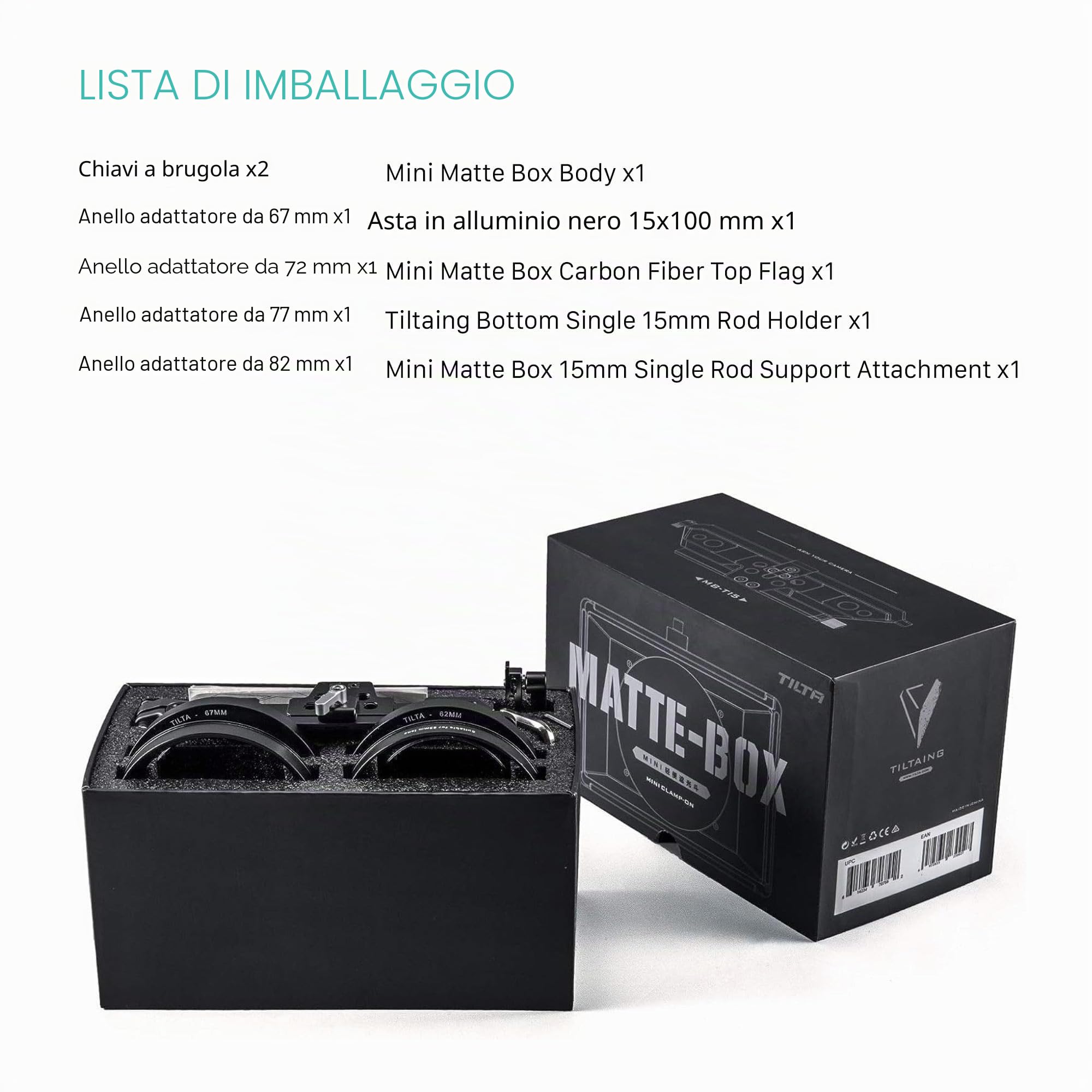 Tilta Mini Matte Box Cornice filtro 4x5.65 per fotocamere reflex digitali mirrorless, con anello adattatore obiettivo 67mm/72mm/77mm/82mm Supporto asta 15mm Supporto leggero MB-T15