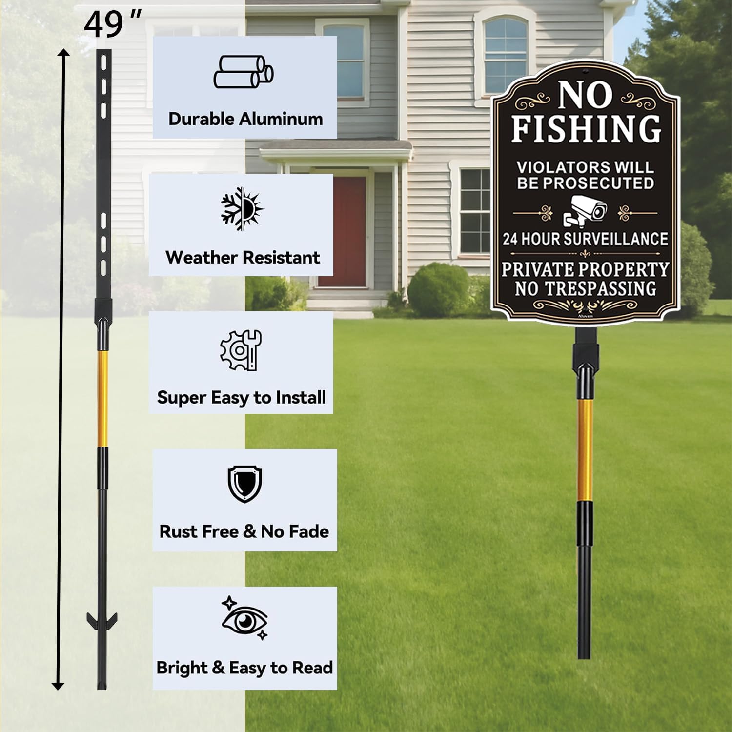 2 Pack 48 Inches Yard Stake for Outdoor Lawn 4ft Metal Sign Holder Durable Posts for Outside Traffic Road Driveway Stand Parking Stop Durable Fits Signs 10 to 18 Inch Adjustable Black Gold