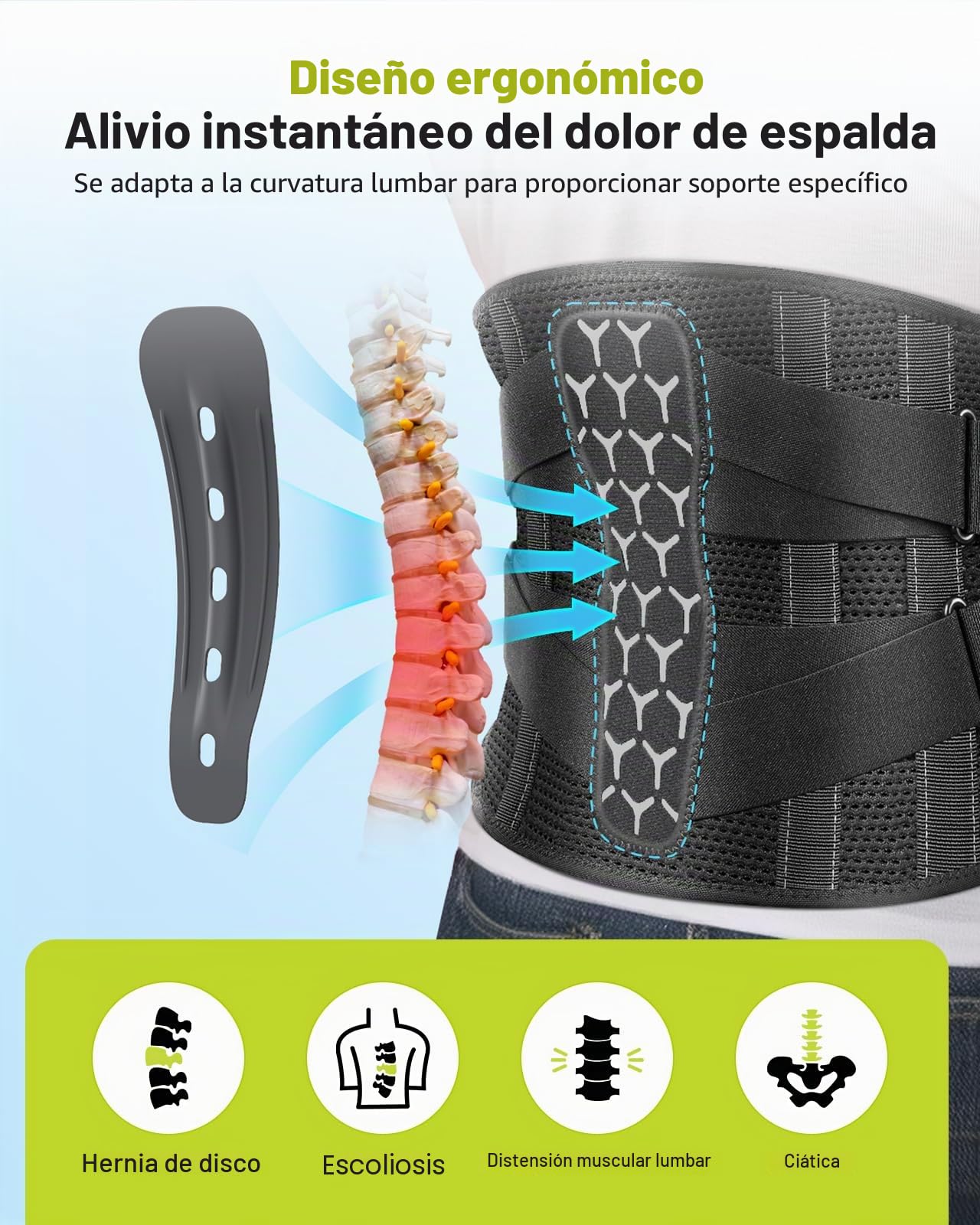 Rakiie Lumbar Para Hombre y Mujer, 7X Soporte Ergonómico para mujer y Hombre, Correas Ajustables y malla Suave y Transpirable (Gris, Large)