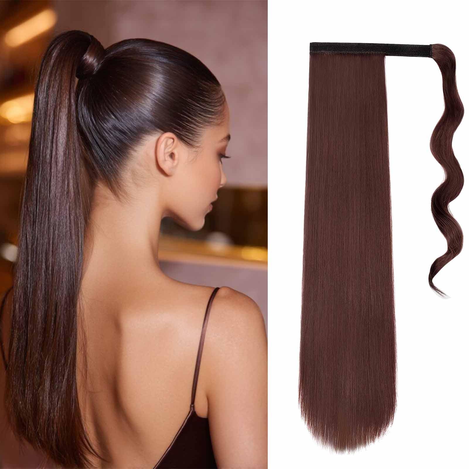 55cm Coda Capelli Extension Coda di Cavallo Lisci Posticci per Capelli Wrap Around Ponytail Extension Finta Estensione Sintetici Lungo per Donna, Auburn Scuro