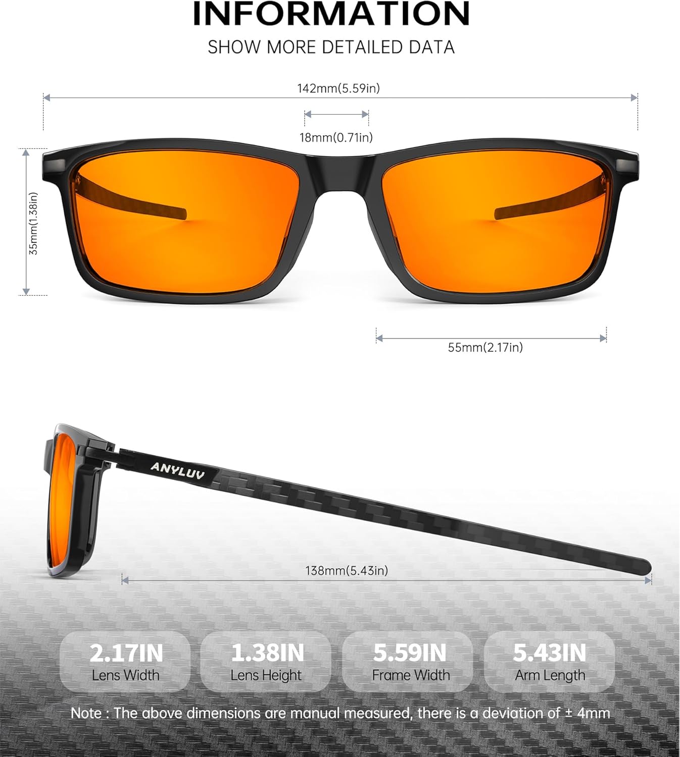 ANYLUV Blue Light Glasses for Men,Rectangle Business Style Glasses, Carbon Fiber Straight Legs Glasses for Eye Protection - Image 4