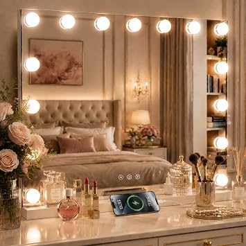 Hollywood Vanity Mirror with Lights, 15 Dimmable Bulbs, 3 Color Lights,Make Up Lighted Mirror, Aluminum Metal Frame, USB Charging Port23" x 18"