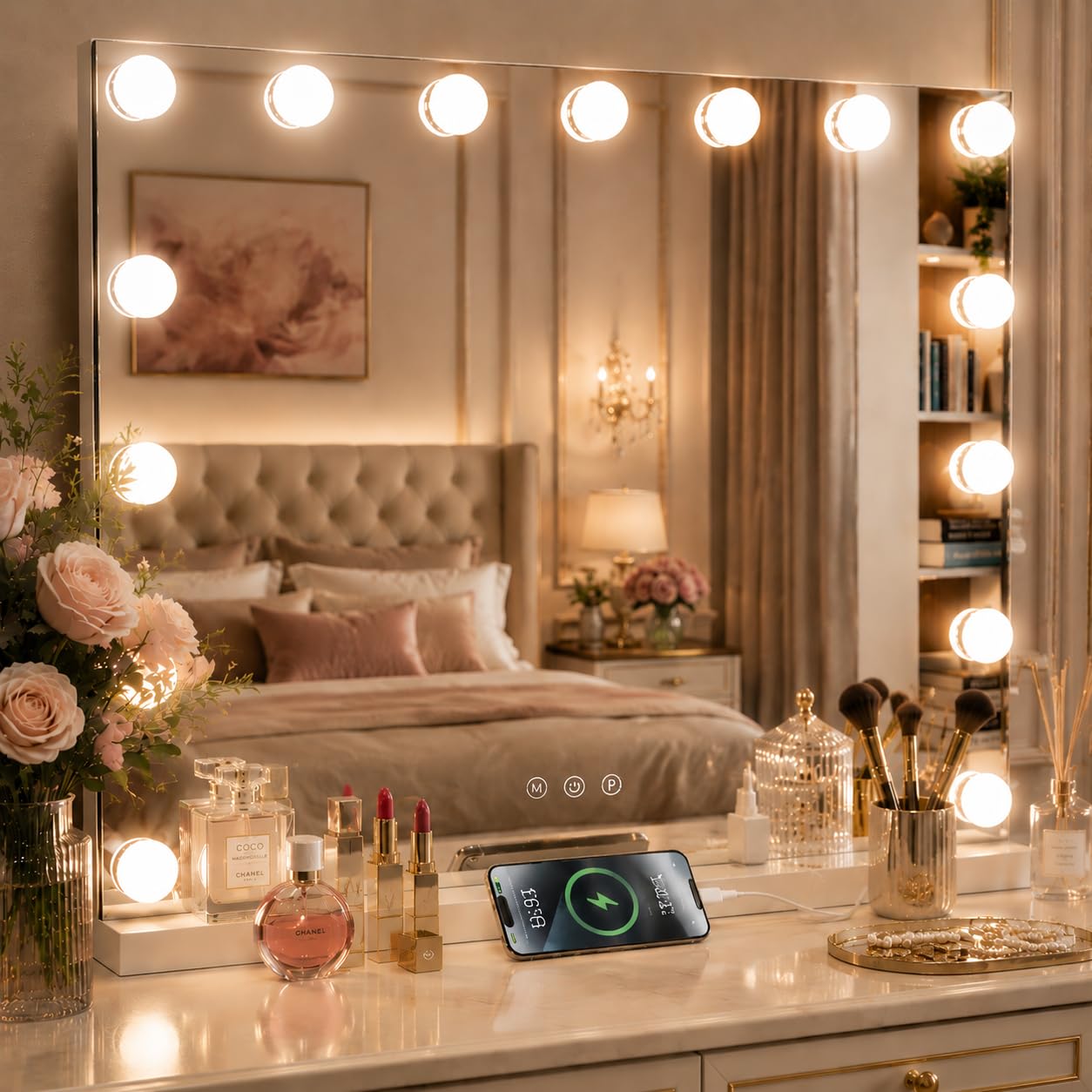 Hollywood Kosmetikspiegel für Make-up mit Lichtern, 58 x 46 cm, Typ-C und USB-Ausgang, 15 dimmbare LED-Leuchtmittel mit hohem CRI, 3 Beleuchtungsmodi, Tisch- und Wandmontage
