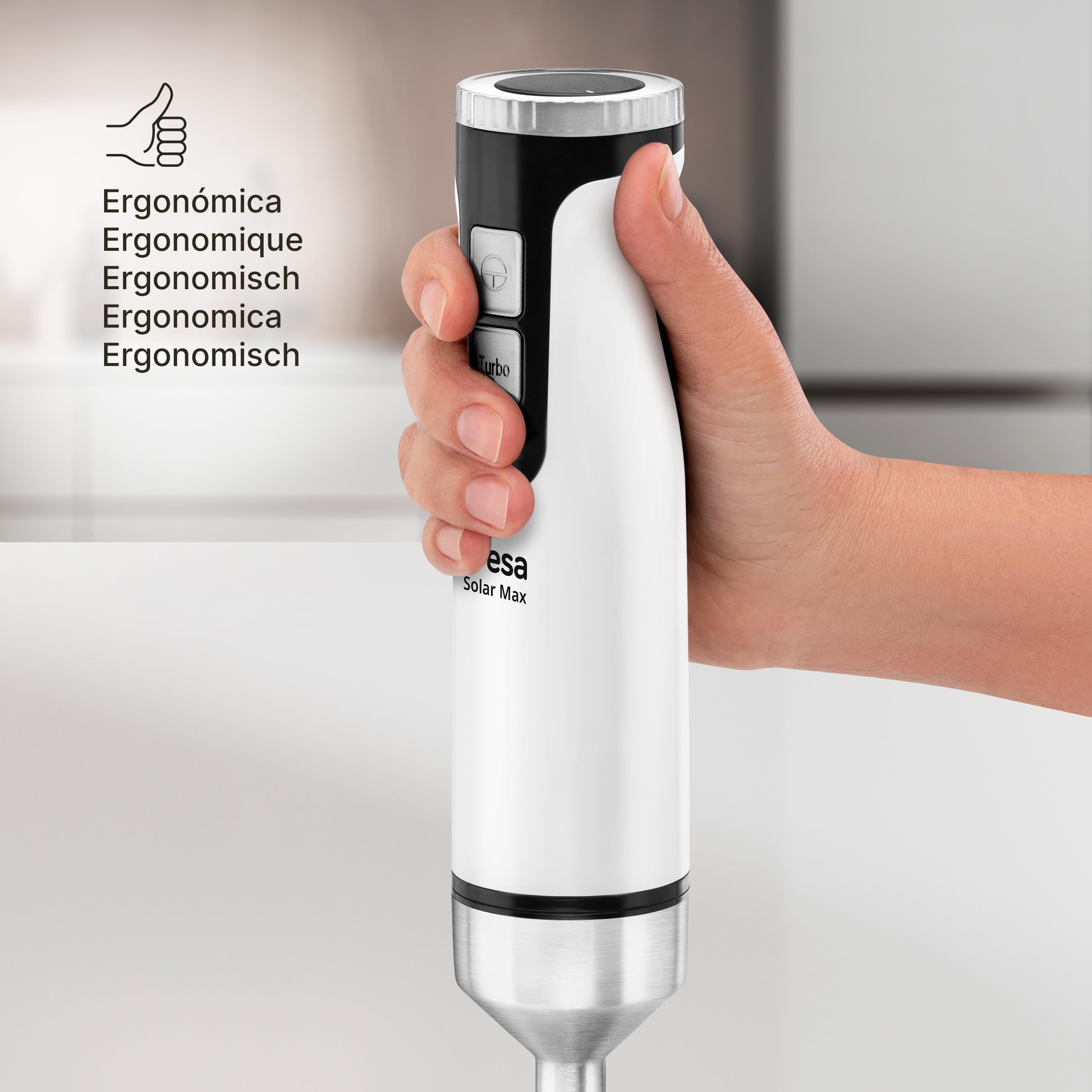 Ufesa Solar Max Frullatore a Mano, Potenza 1200W, 12 Velocità + TURBO, 4 Lame in Acciaio Inox, Design Ergonomico e Anti-Spruzzi, Accessori Inclusi, Senza BPA