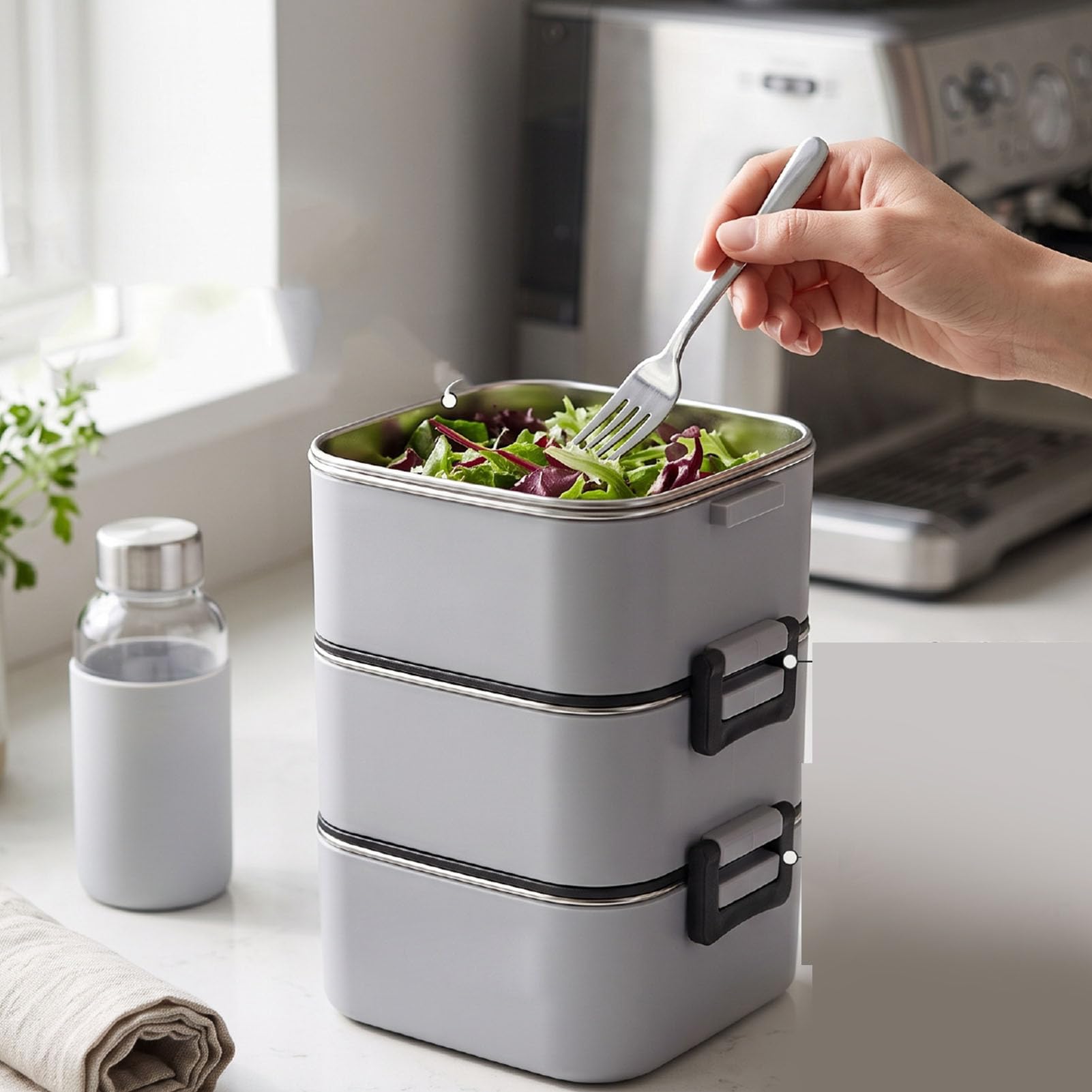 3-warstwowy Pojemnik na Lunch ze Stali Nierdzewnej, 2100ml, do