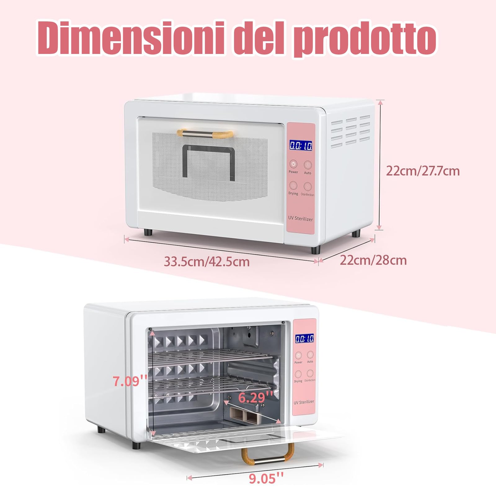 Sterilizzatore UV, sterilizzatore unghie, grande capacità 10/24 l, 75°C Aria Calda a Temperatura Costante, per salone di bellezza, parrucchiere, temperatura massima 250°(10L/Rosa)