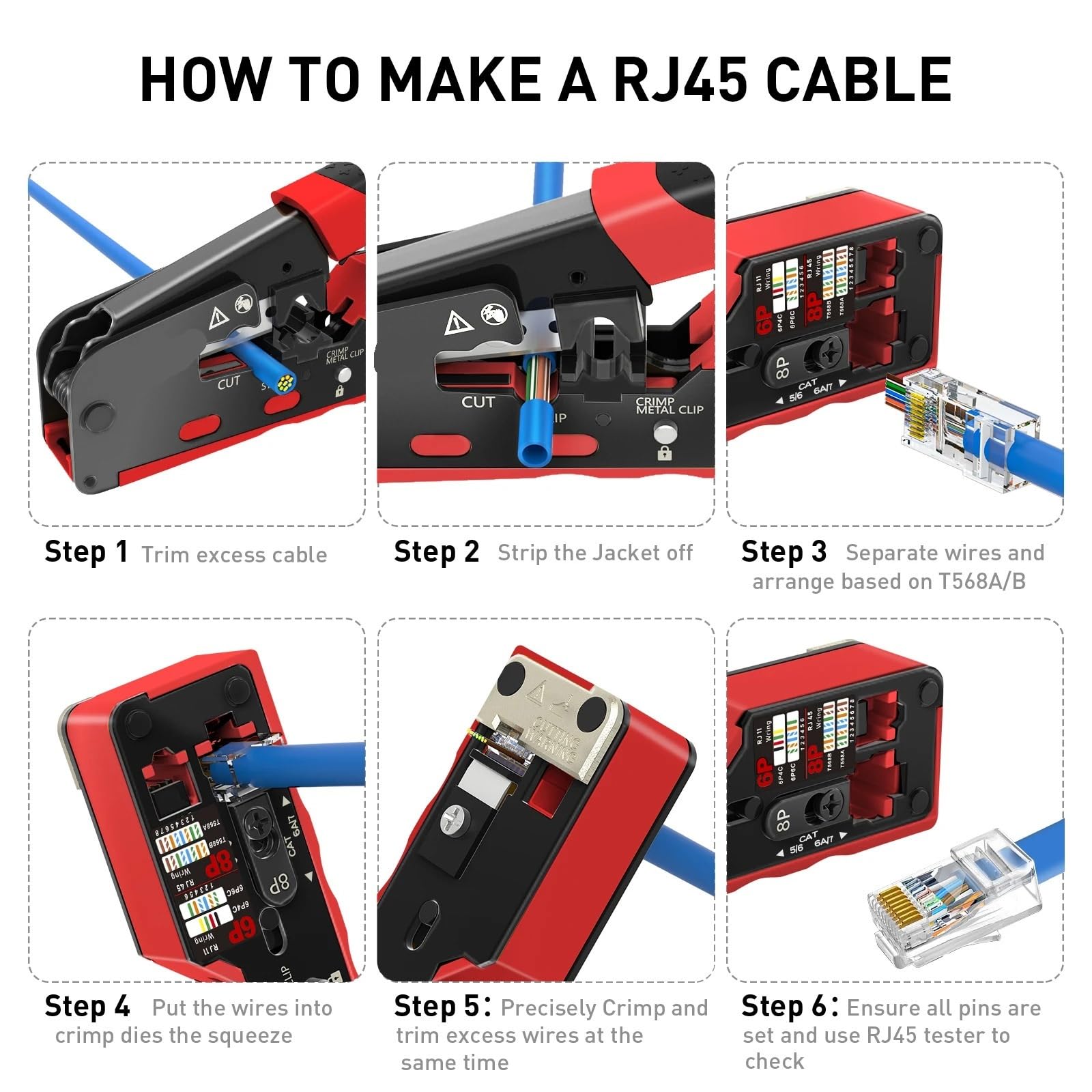 Pinza crimpatrice RJ45 for connettori Ethernet Cat7 Cat6a Cat6 Cat5e, tronchese for cavi, crimpatrice Ethernet con lama di ricambio(Red)