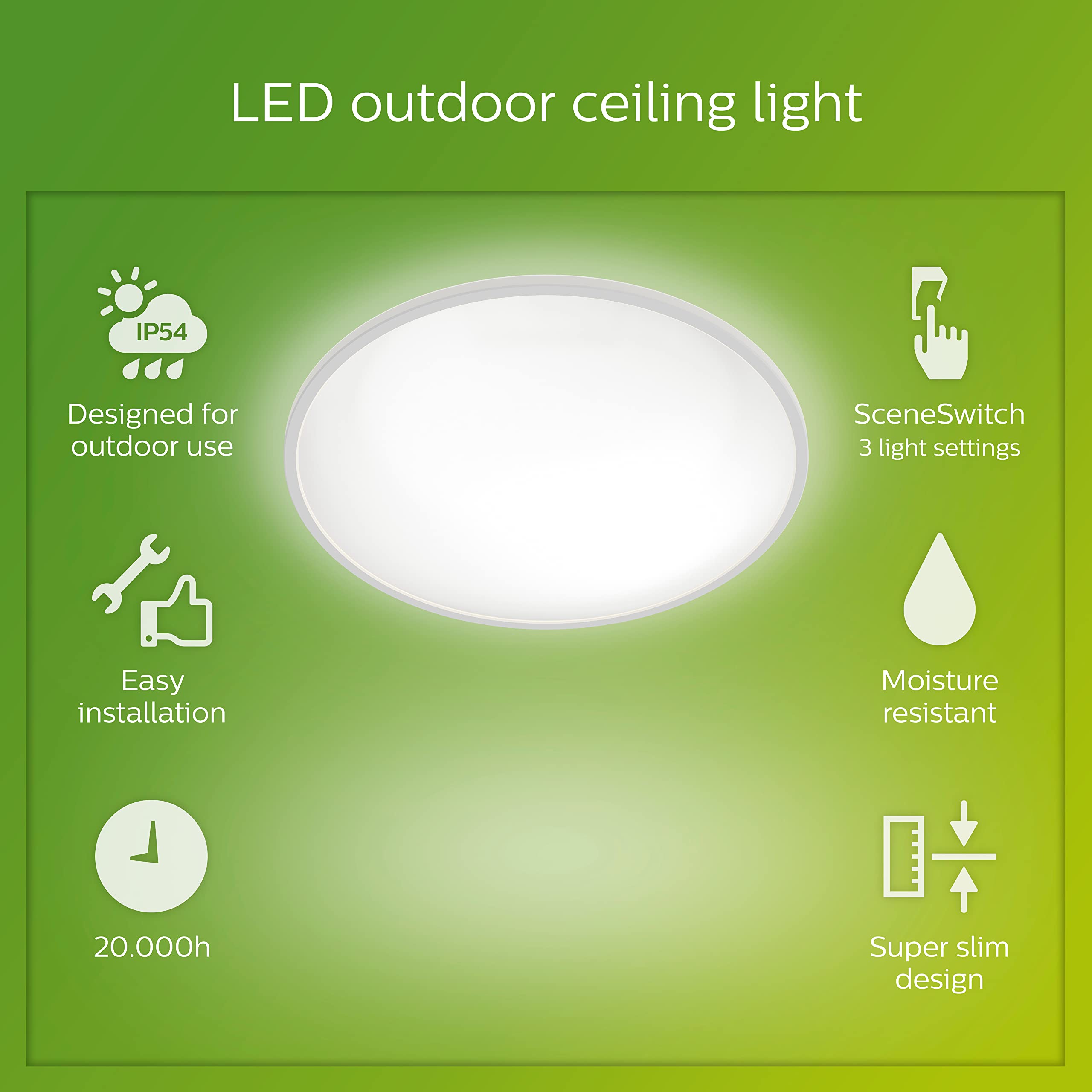 Philips - Plafón Philips SuperSlim, lámpara de techo LED de exterior, color blanco, luz blanca neutra, 15W