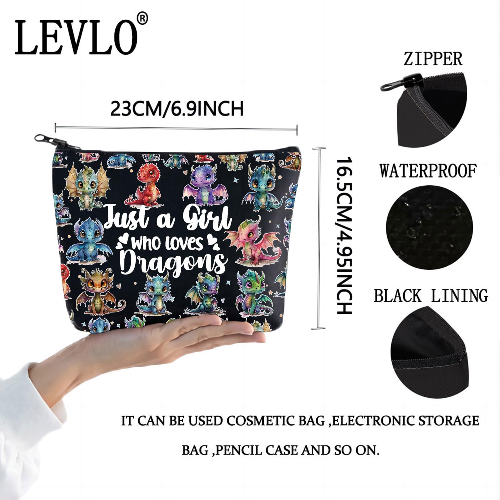 LEVLO Funny Dragon Cosmetic Makeup Bag - Animal Lover Gift for Women & Girls, Black, Dragons New Bl - Image 2