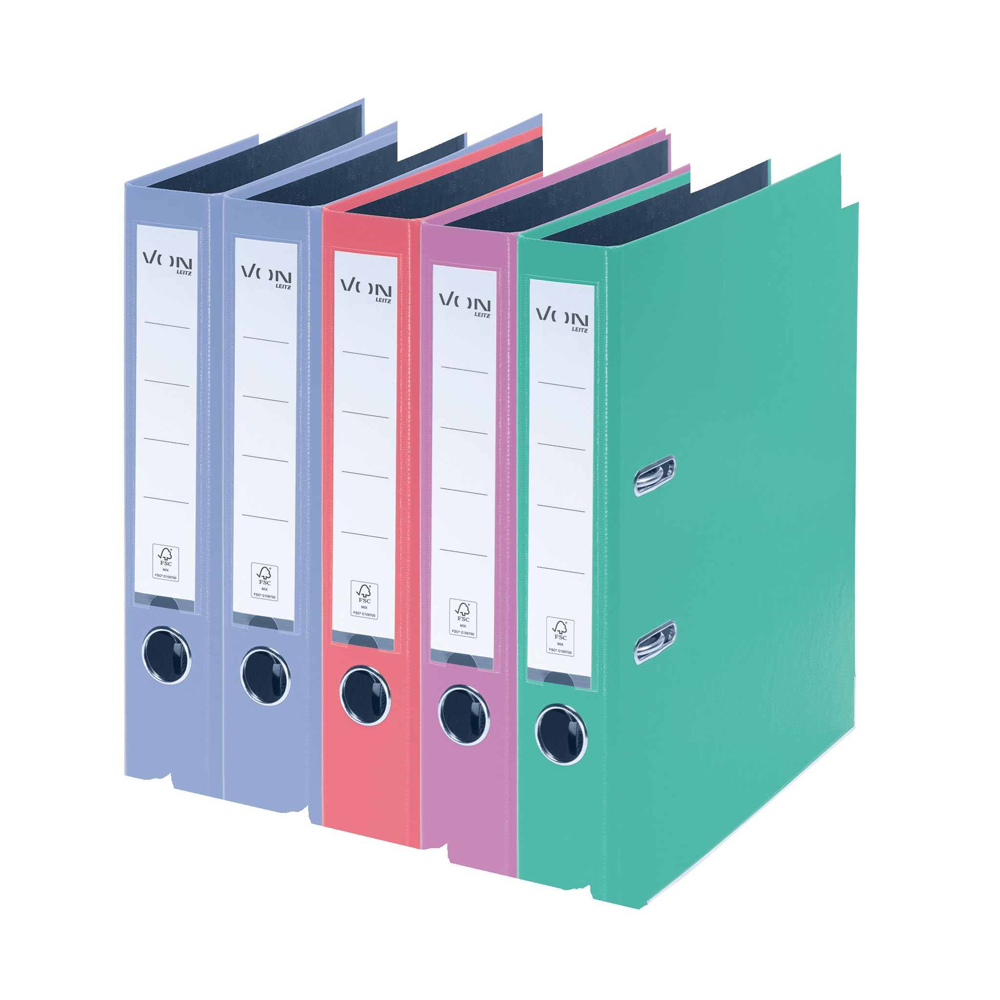 Leitz 10561099 - Confezione da 5 raccoglitori formato A4, con copertina in plastica, larghezza dorso 50 mm, per 350 fogli, in cartone certificato FSC, per scuola, studio e casa, colori assortiti