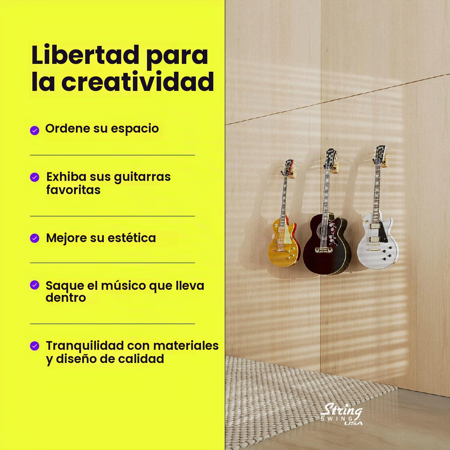 String Swing Percha De Guitarra – Soporte para guitarras eléctricas y acústicas y bajos – Colgadero Montaje De Pared– Instrumentos musicales seguro sin estuche duro – madera sólida CEREZA Hecho a Mano en los EE. UU.