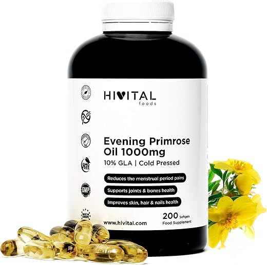 Aceite de Onagra 1000 mg con 10% Omega 6 GLA. 200 perlas de Aceite Natural Prensado en frio. Para más de 6 meses de tratamiento. Contiene un 10% de GLA y Vitamina E. Fabricado en España por HIVITAL