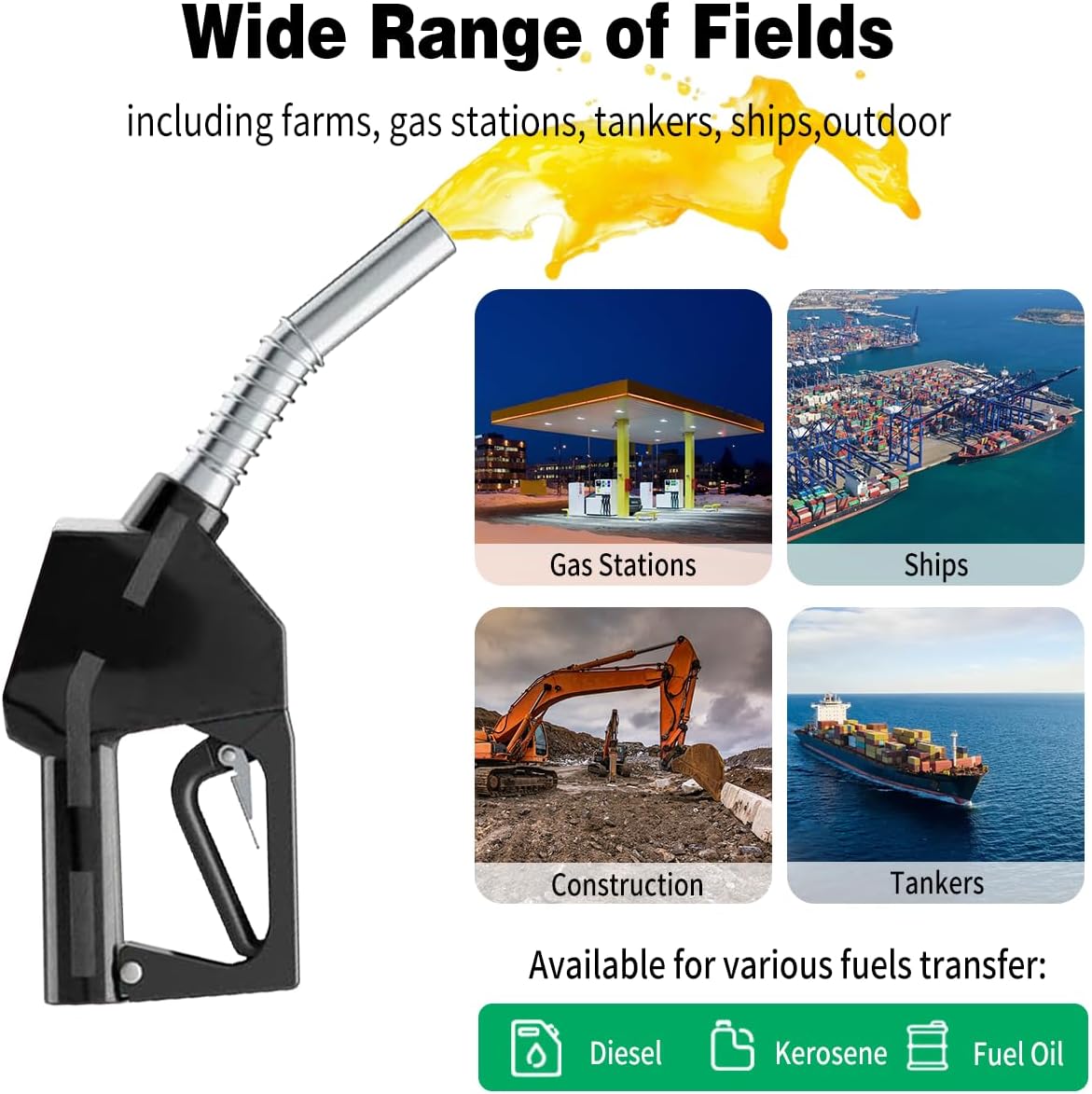 1" NPT Automatic Fuel Nozzle Auto Shut-Off Fuel Nozzle High Flow Car Fuel Filling Nozzle Used for diesel,gasoline,kerosen (Black 1" Fuel Nozzle + Swivel, 1 Inch)