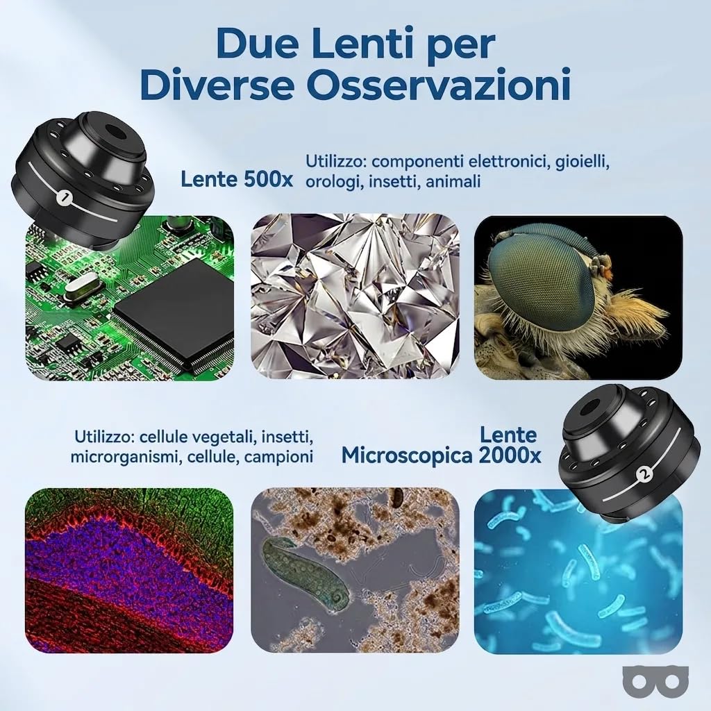 Microscopio Digitale | Ingrandimento 50x-2000x | Wi-Fi e USB | Fotocamera 5 MP e 12 MP | 11 Luci LED | Batteria Ricaricabile | E-Book Microscopia Adulti Incluso
