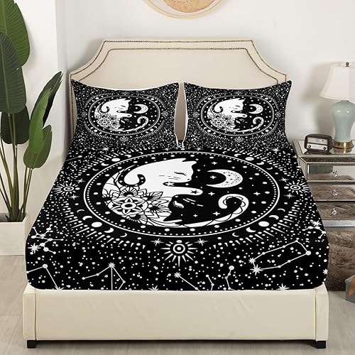 Miniatura 2 de Sábana bajera ajustable de gatos tamaño individual, diseño gótico de galaxia estrellada y luna, 2 piezas para decoración de habitación de niños,