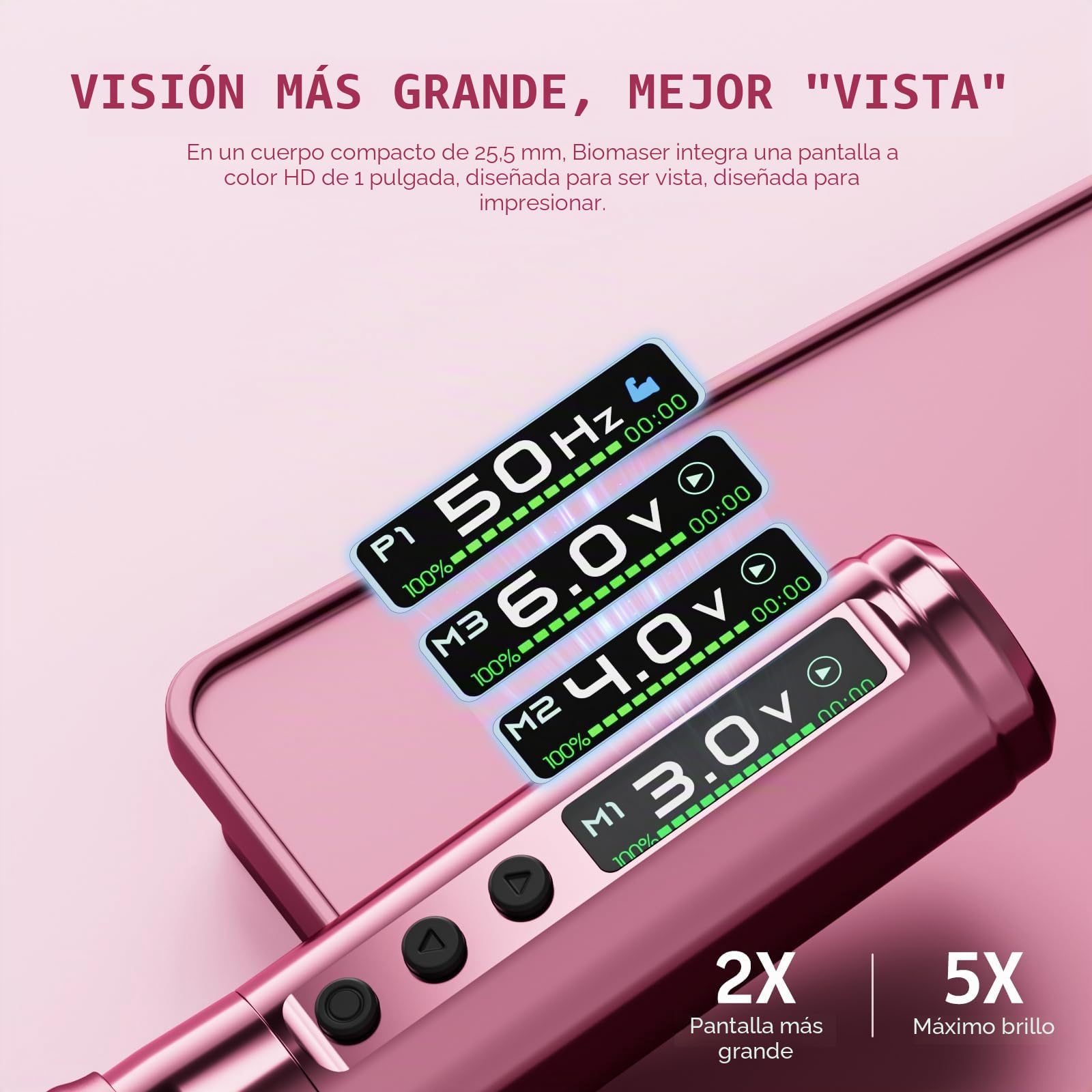 Biomaser U1 Pro - Maquillaje permanente inalámbrico semiinalámbrico, 6 tiempos, ajustable, con 2 pilas de 850 mAh, pantalla OLED para maquillaje semipermanente (Rosa)