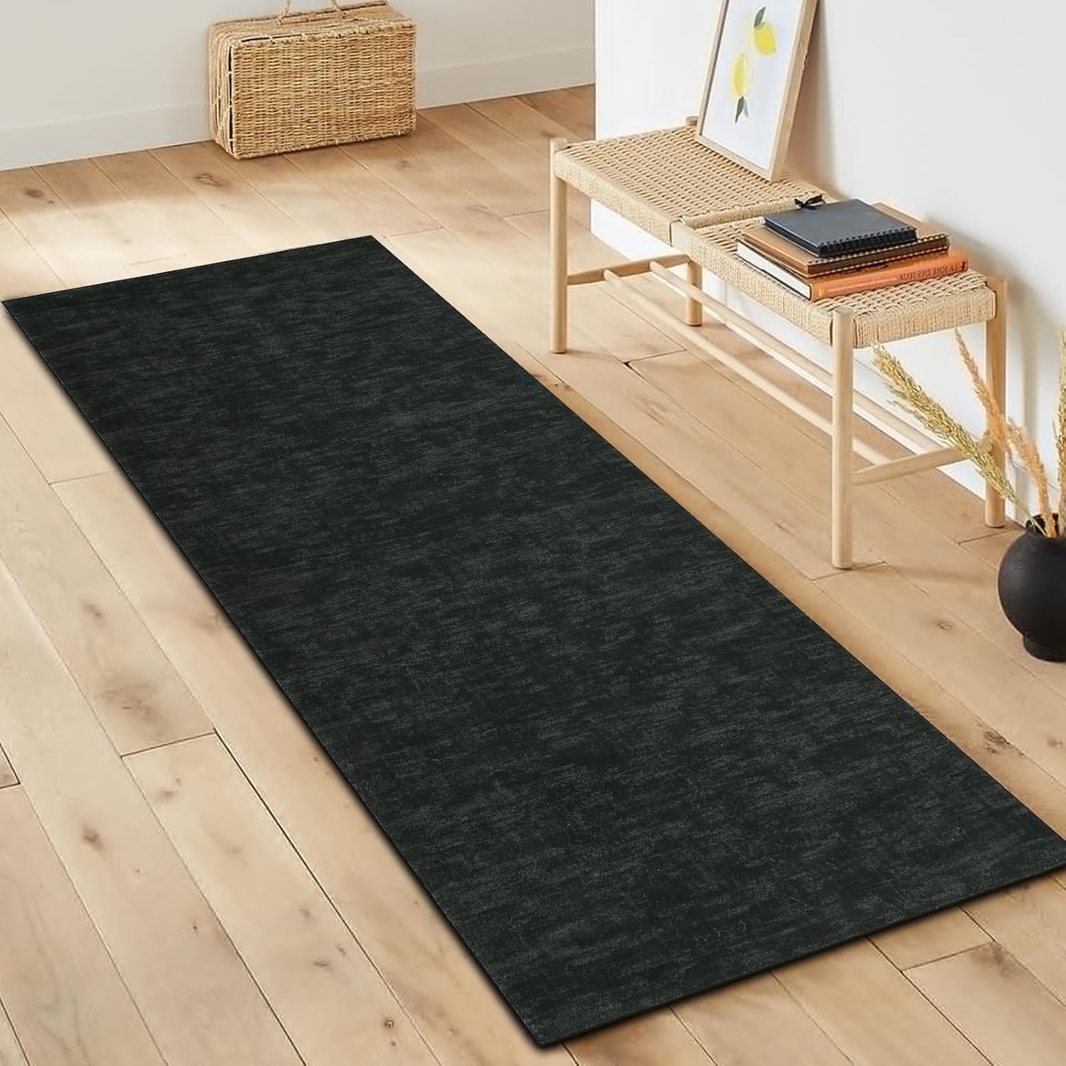 Garvee Washable Runner Rug 2x6 Hallway Runner Rug Modern Solid Color Non Slip Runners Minimalist Low Pile Non-Shedding Long Rugs Soft Thin Foldable Mat for Entryway Kitchen Bathroom Bedside Black