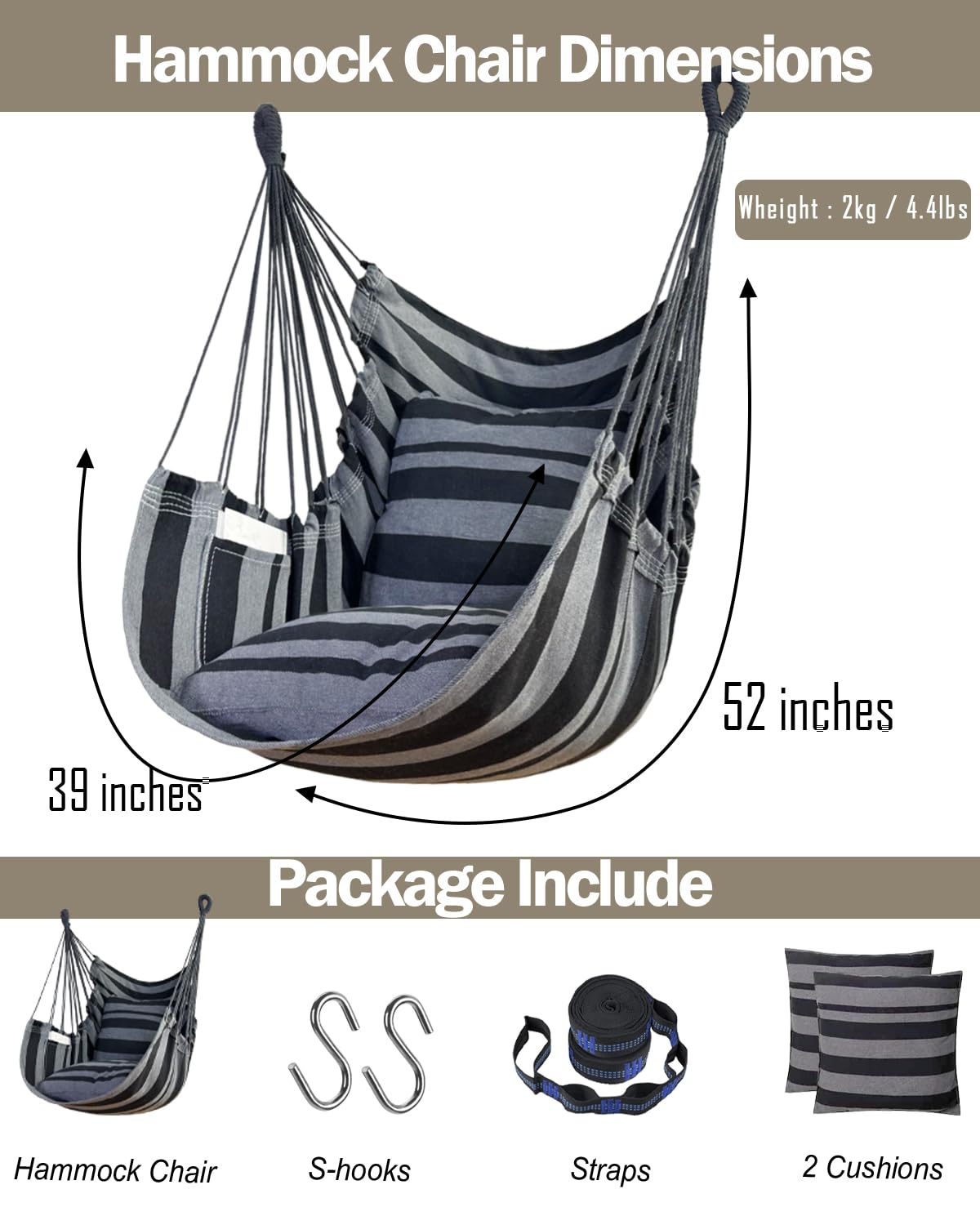 Hamaca colgante hamaca silla columpio de cuerda 2 cojines incluidos, hamaca resistente y duradera de algodón suave tejida a mano para dormitorio, porche, patio, interior/exterior 6
