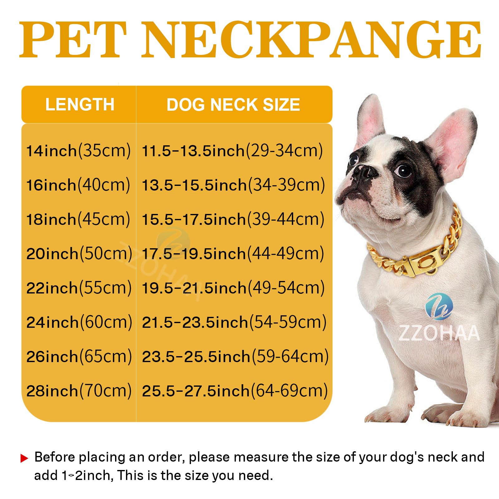19mm Wide Gold Dog Chain Collar with Steel Buckle, Heavy Duty Walking Metal Chains Collar - Image 3