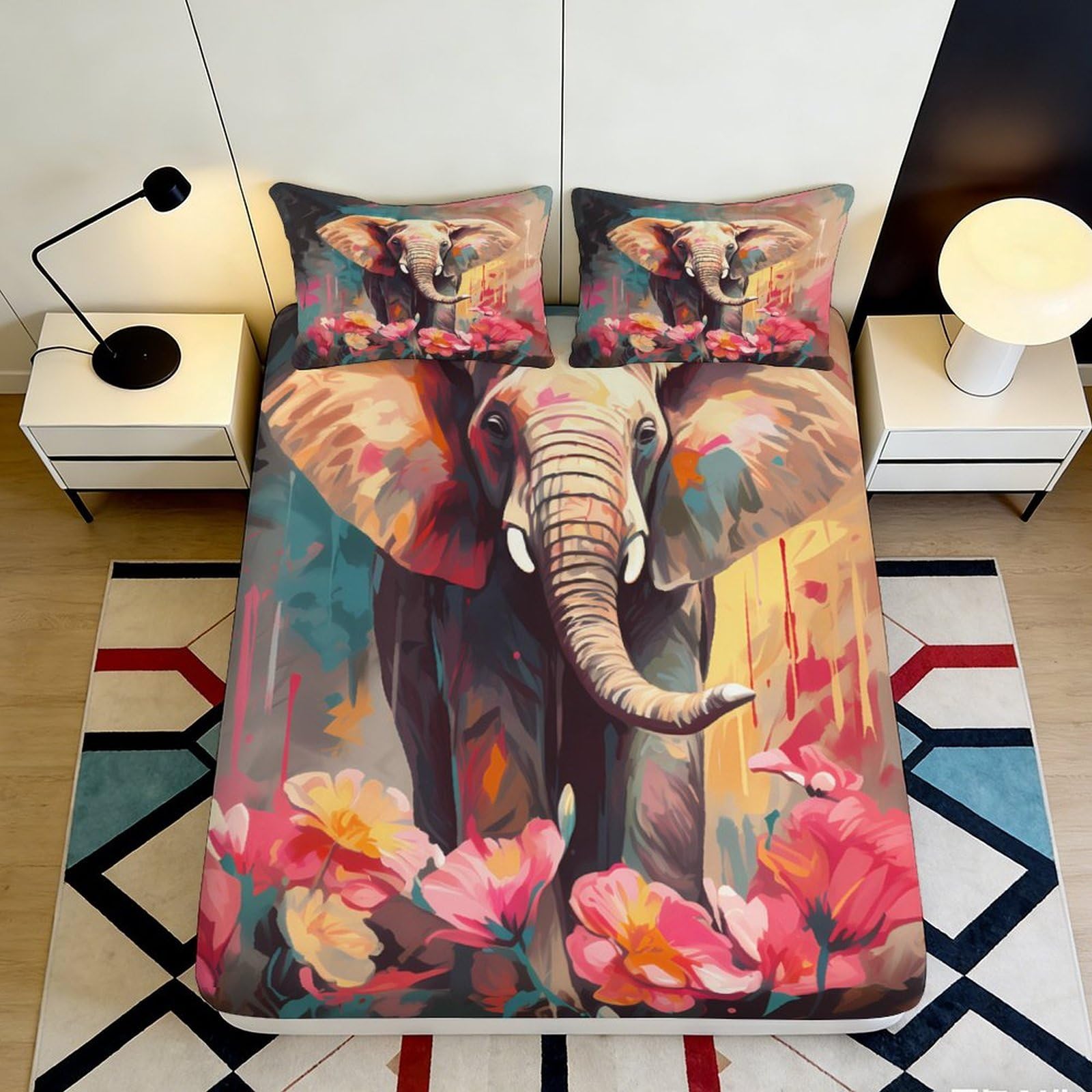 3D Printed Elephant Floral Fitted Sheet Microfiber Durable Soft Colorful Bed Cover for Bedroom Dormitory Guest Room Mattress Protection 200x200x25cm
