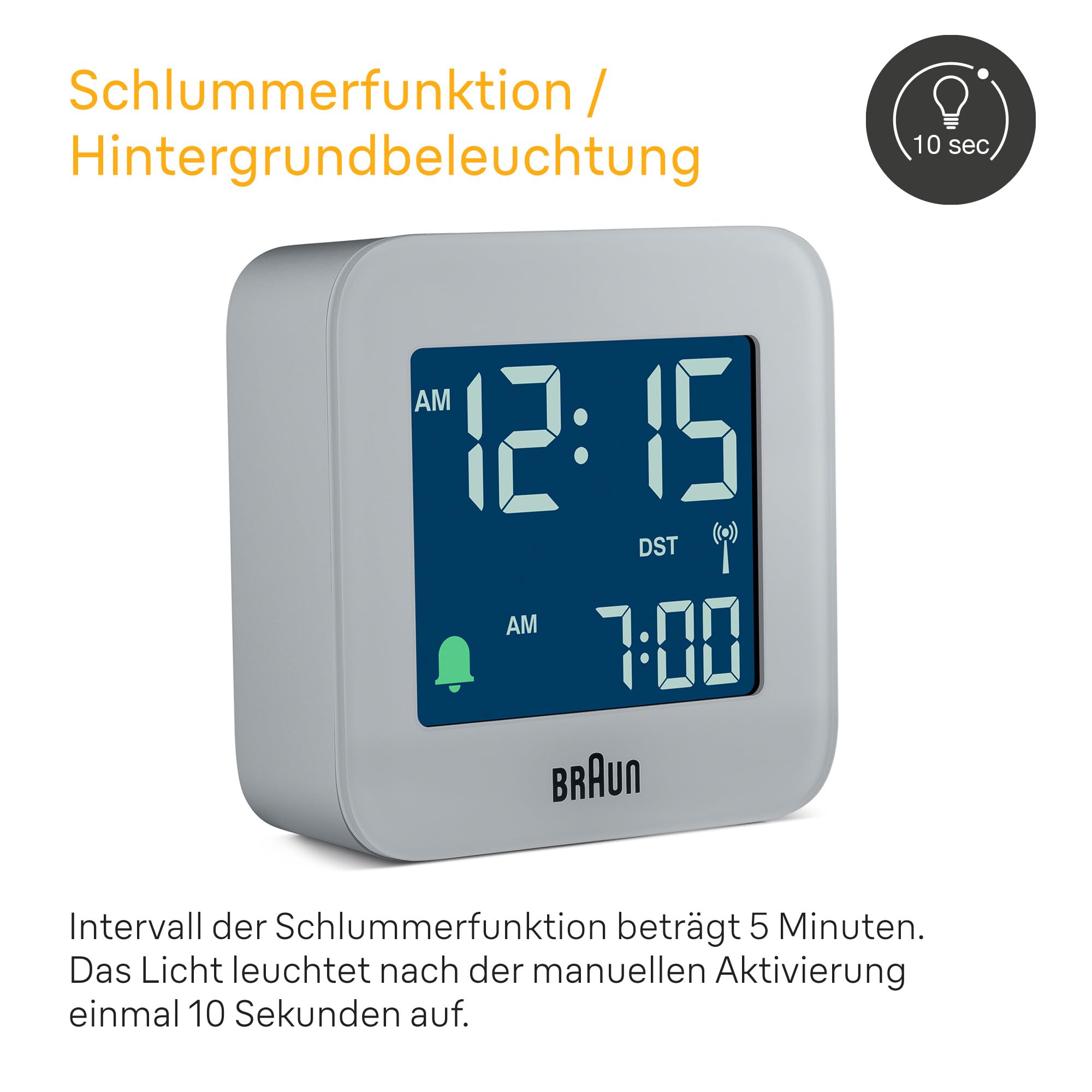 Braun Réveil de Voyage avec Projection numérique Radio-pilotée pour Les fuseaux horaires d'europe Centrale (DCF) avec Fonction Snooze, Taille compacte, bip d'alarme Crescendo, modèle BC08G-DCF Gris.