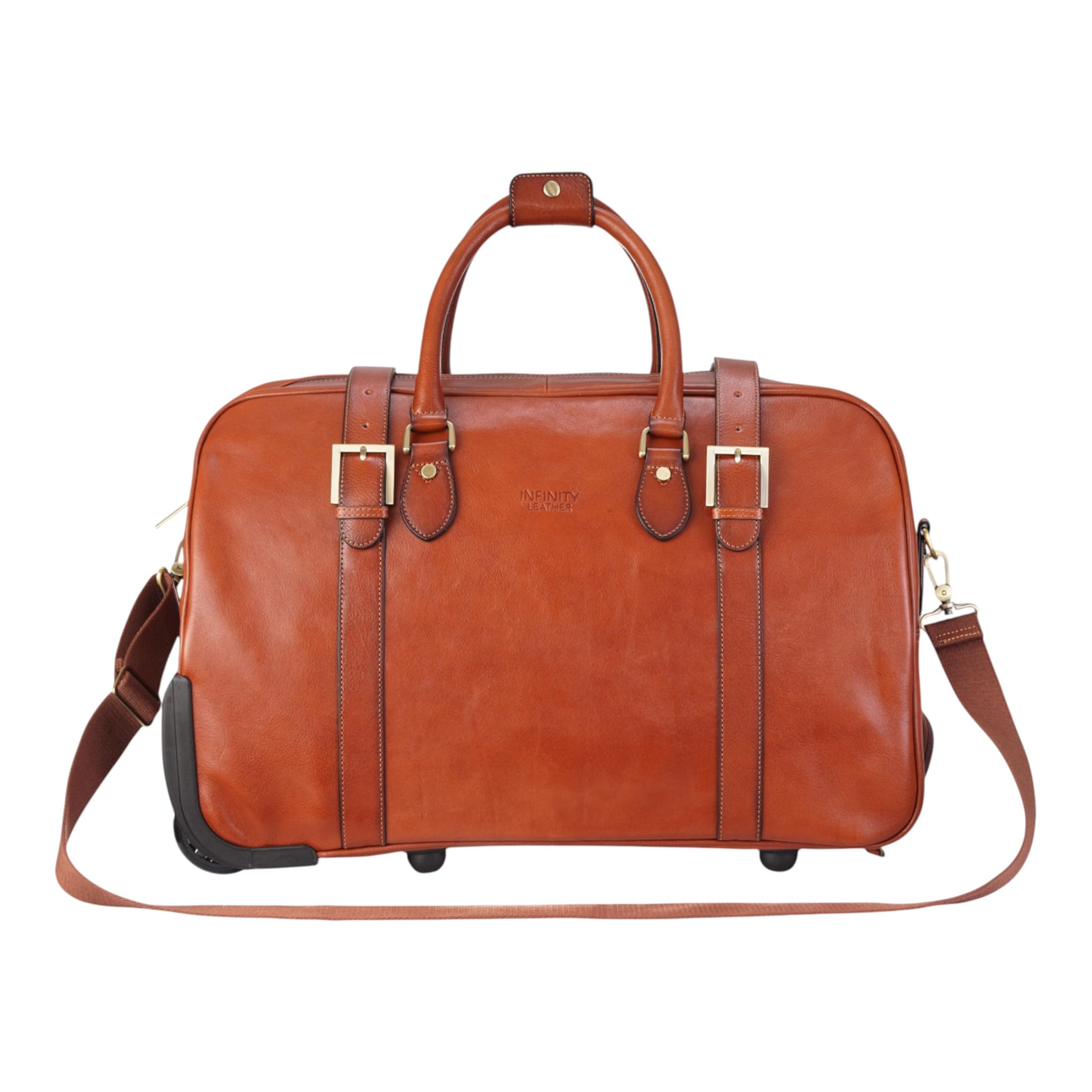 Reisetasche Mit Rollen aus Echtem Leder 43 l Vintage Reisetasche Für Herren Weekender Aus Rindsleder Mit Schultergurt, Messingbeschlägen und Nylonfutter
