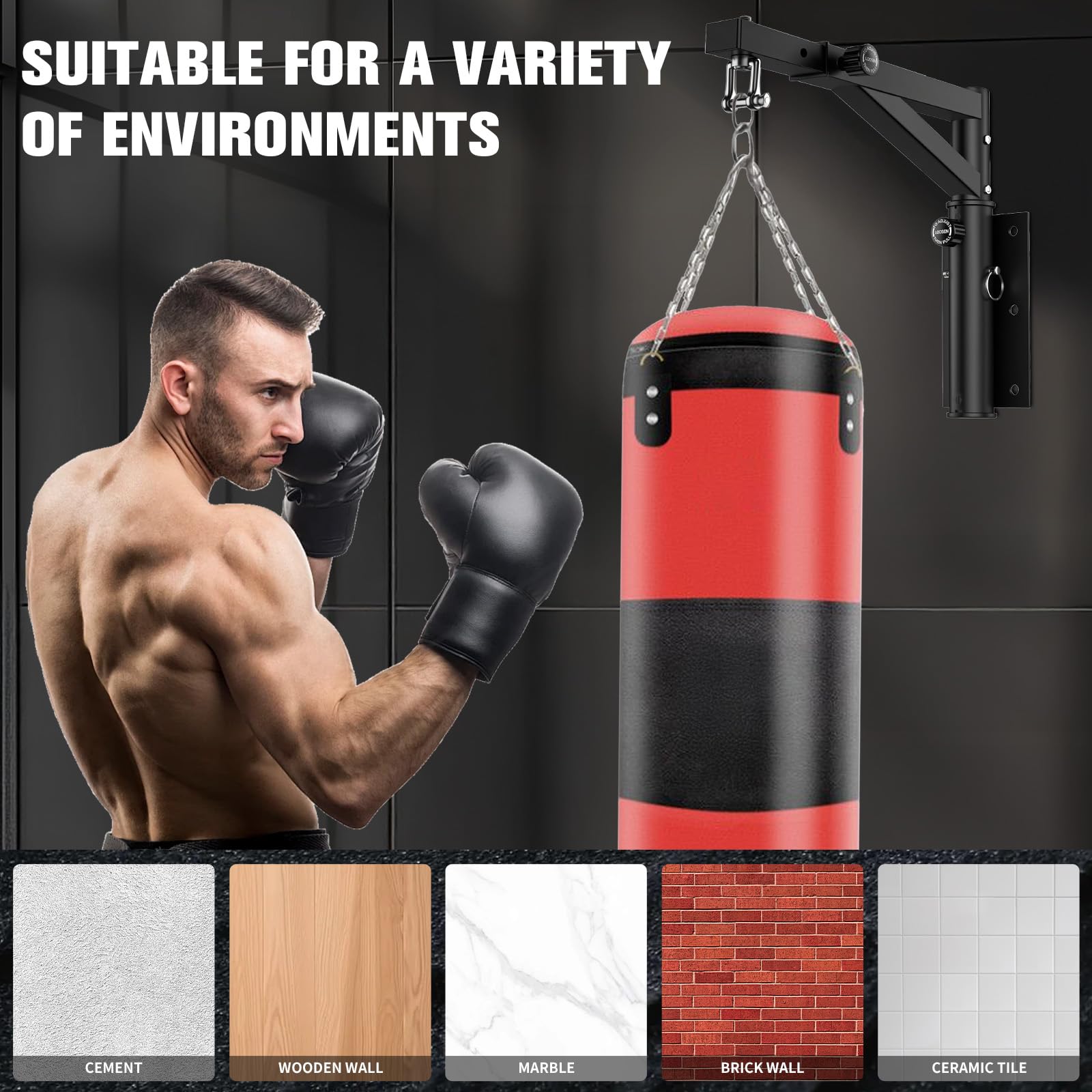 Boxsack Wandhalterung – Verstellbare Boxsackhalterung mit 360° leiser Drehung, Strapazierfähige Konstruktion, Kompatibel mit Sandsäcken, Speedbags, MMA-Säcken für den Einsatz im Home Gym