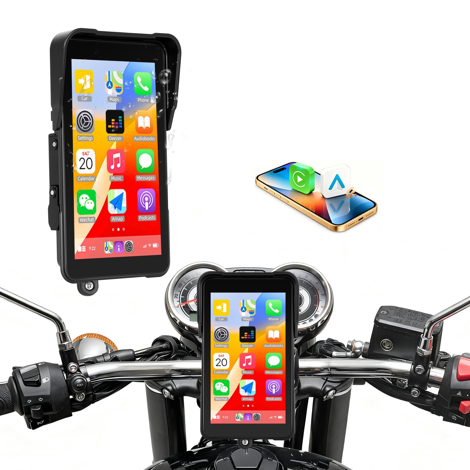 CAMECHO [Bezprzewodowy CarPlay] Pionowy 5-calowy ekran motocyklowy IPS HD bezprzewodowy CarPlay i Android Auto IP68 z Bluetooth uniwersalny monitor motocyklowy z regulacją EQ