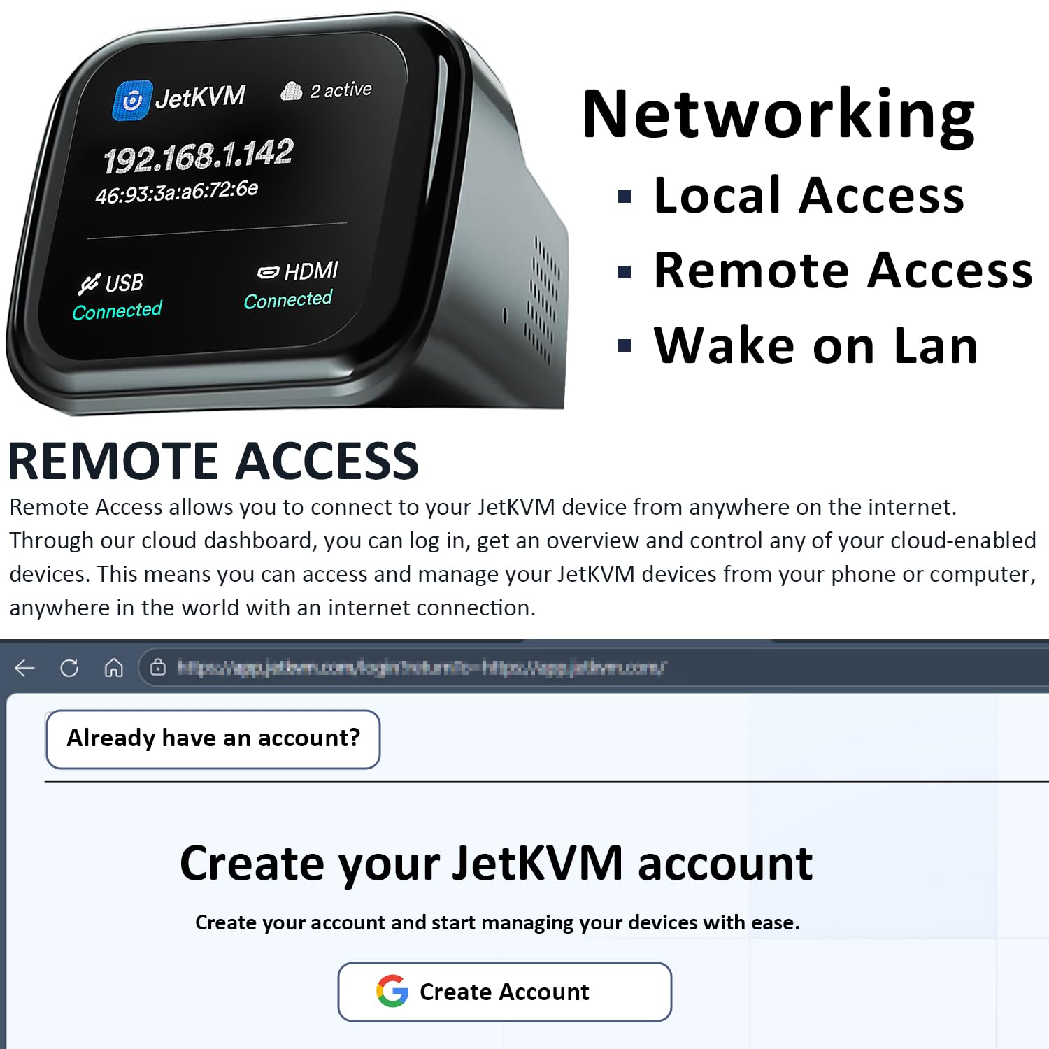 JetKVM IP KVM Over IP PC Fernsteuerung, Open-Source Jet KVM Ethernet mit Touchscreen LCD, Niedriglatenz Fern-BIOS Zugriff kompatibel mit Windows Mac Linux Raspberry Pi Server Rechenzentrum Büro