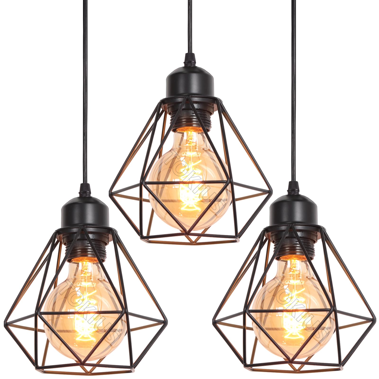 3 pezzi Lampada a Sospensione Industriale Vintage Plafoniera E27 Metallo Lampadario Soffitto Nero Gabbia ferro Ø160mm per Corridoio Portico Camera da Letto,Nero-L-3