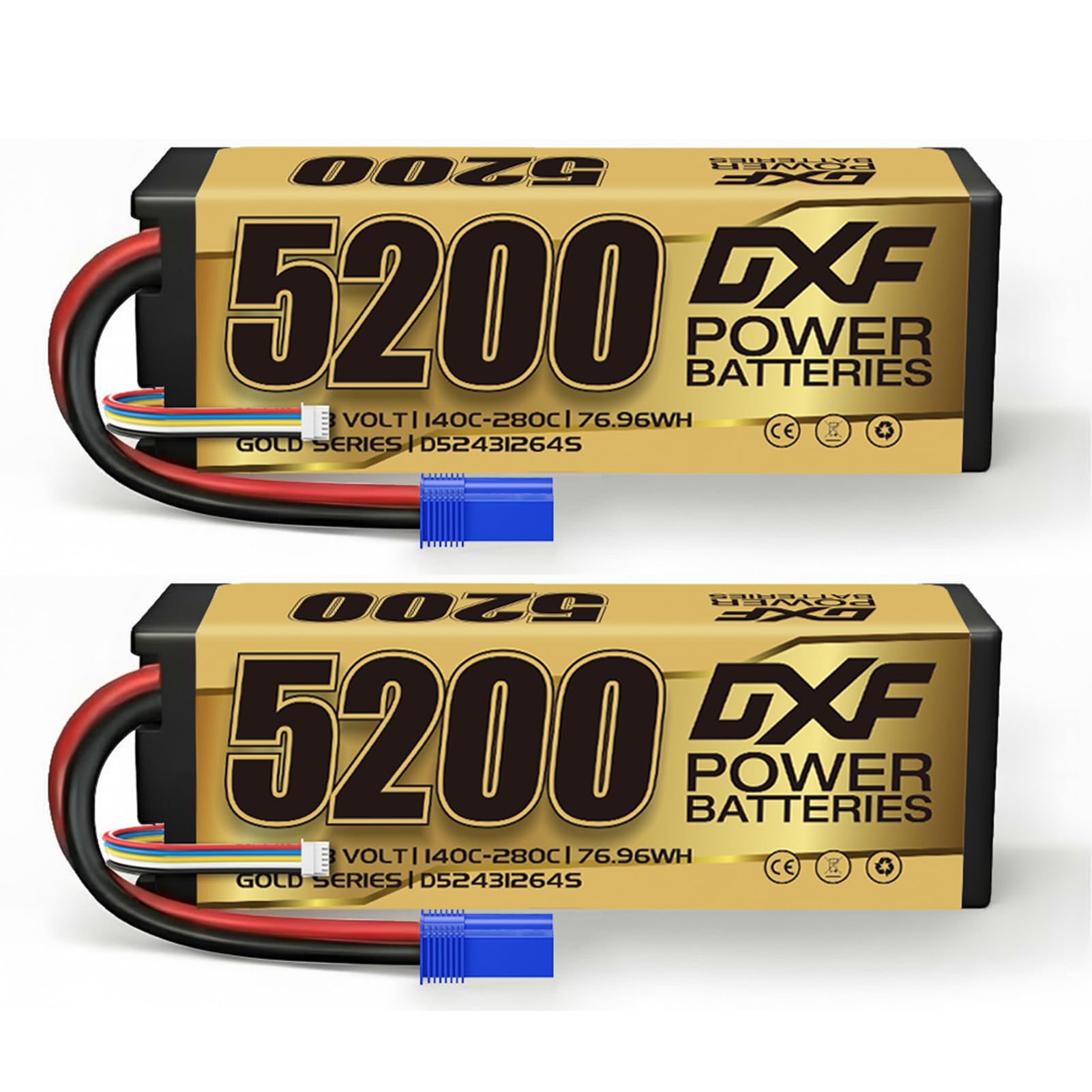 DXF 4S Lipo Battery 14.8V 5200mAh 140C Hard Case with EC5 Plug for RC Car Truck Buggy Truggy Boat Plane Helicopter 1/8 1/10 Scale - 2 Pack Rechargeable Lithium Polymer Battery