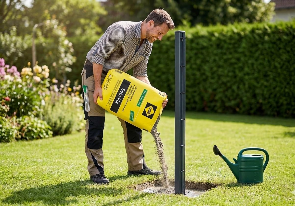 Setz-Fix Schnellbeton 25 kg inkl. Sacköffner | Blitzbeton härtet in 5 Min | Montagebeton für Zaunpfähle, Pfosten & Fundamente | Grau, frostbeständig, Innen & Außen