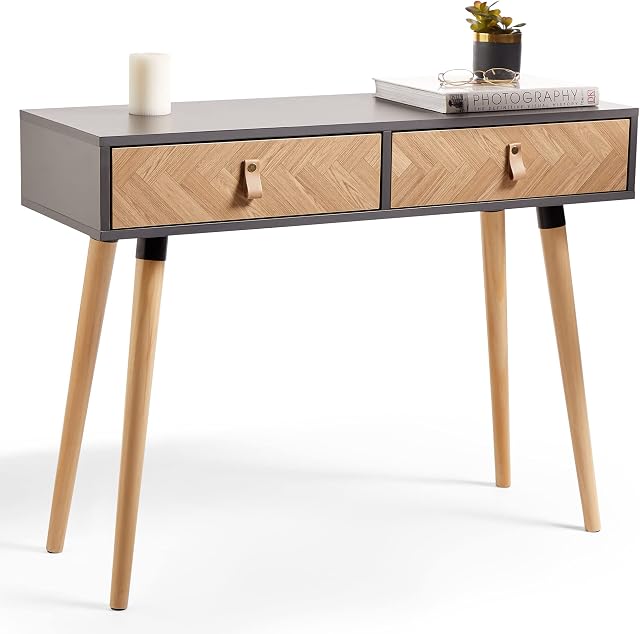 VonHaus Herringbone Console Table  Grey & Wood Effect Hallway Table - Scandi Style 2 Drawer Entryway Table - Modern Hall Table w/Tapered Legs & Faux Leather Handles - for Living Room & Lounge