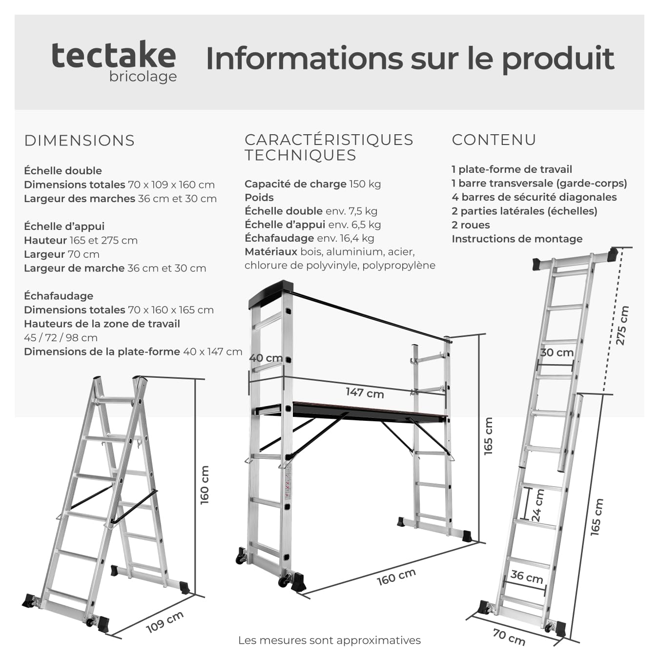 tectake® Échelle Multifonction 3 en 1 Échafaudage Roulant en Acier Plateforme de Travail Antidérapante Échelle Téléscopique Échelle Pliante Escabeau Pliant Bricolage Peinture Toiture