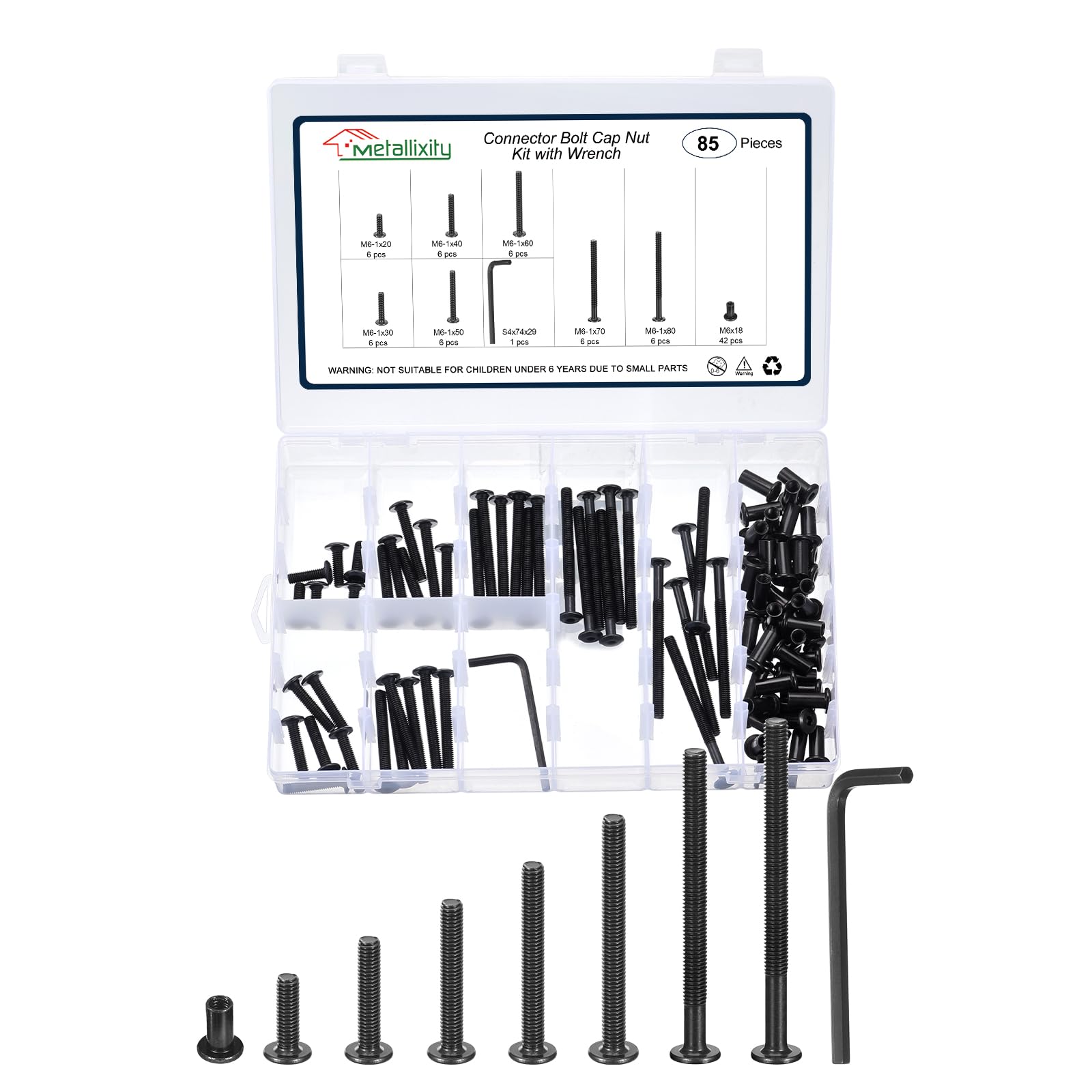 METALLIXITY Furniture Connector Bolt Cap Nut Kit with Wrench(M6-1x20/30/40/50/60/70/80mm) 85Pcs