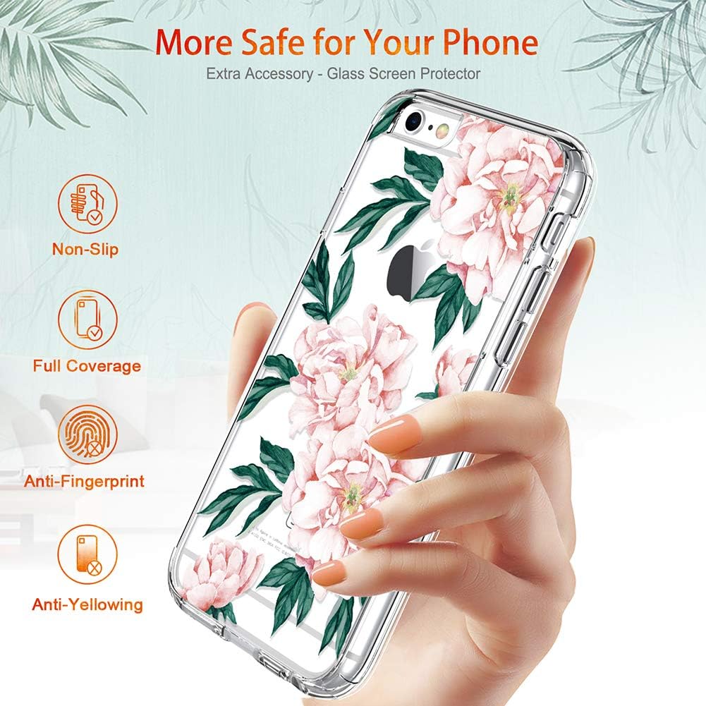 GiiKa iPhone 6 6s Case with Screen Protector, Clear Heavy Duty Protective Case Floral Girls Women Shockproof Hard PC Back Case with Slim TPU Bumper Cover Phone Case for iPhone 6s, Pink Flowers